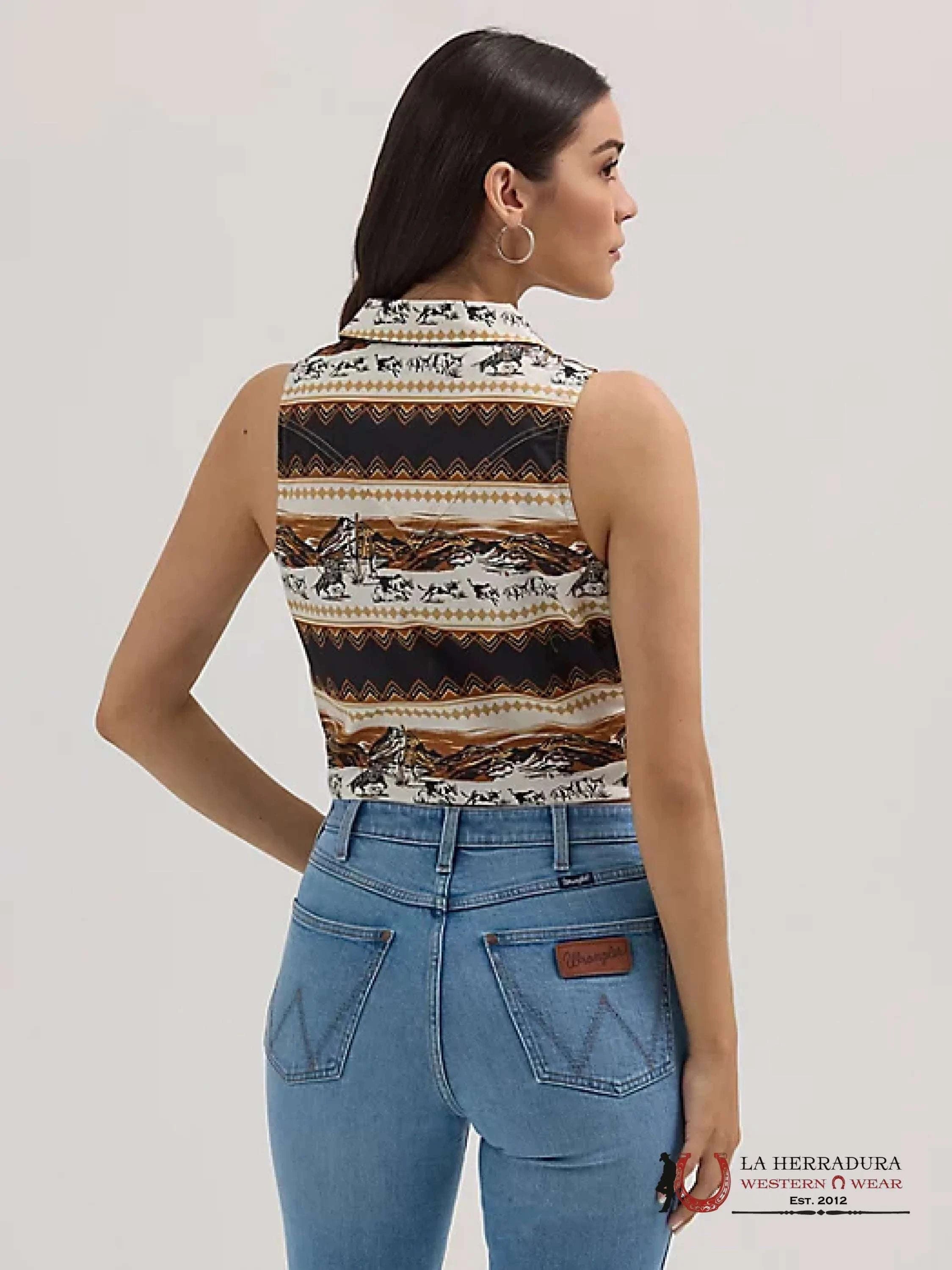 WOMEN’S BOLD PRINTED SLEEVELESS TIE FRONT SHIRT HORSE STRIPE - 4364 ROPA MUJERES