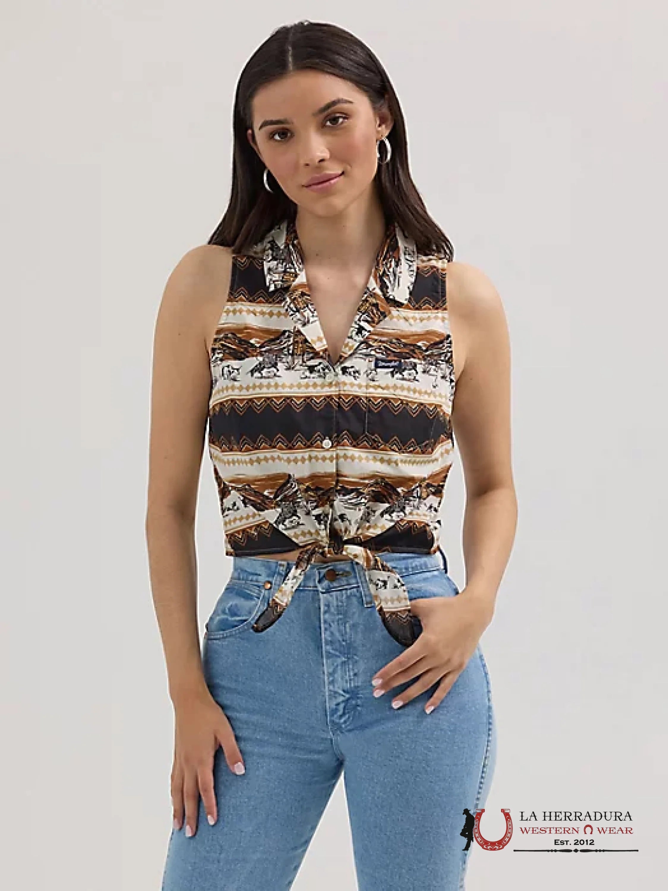 WOMEN’S BOLD PRINTED SLEEVELESS TIE FRONT SHIRT HORSE STRIPE - 4364 ROPA MUJERES