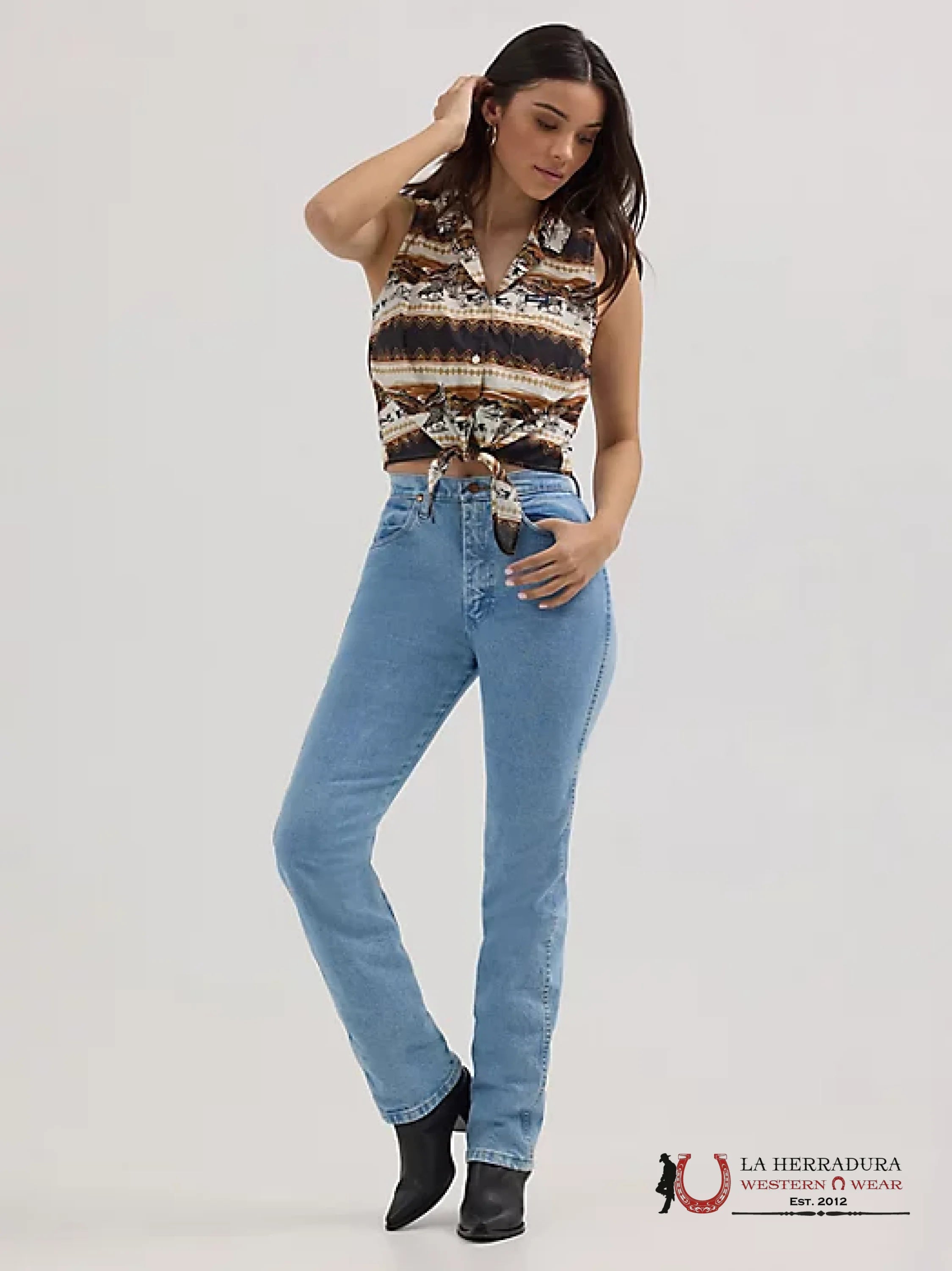 WOMEN’S BOLD PRINTED SLEEVELESS TIE FRONT SHIRT HORSE STRIPE - 4364 ROPA MUJERES