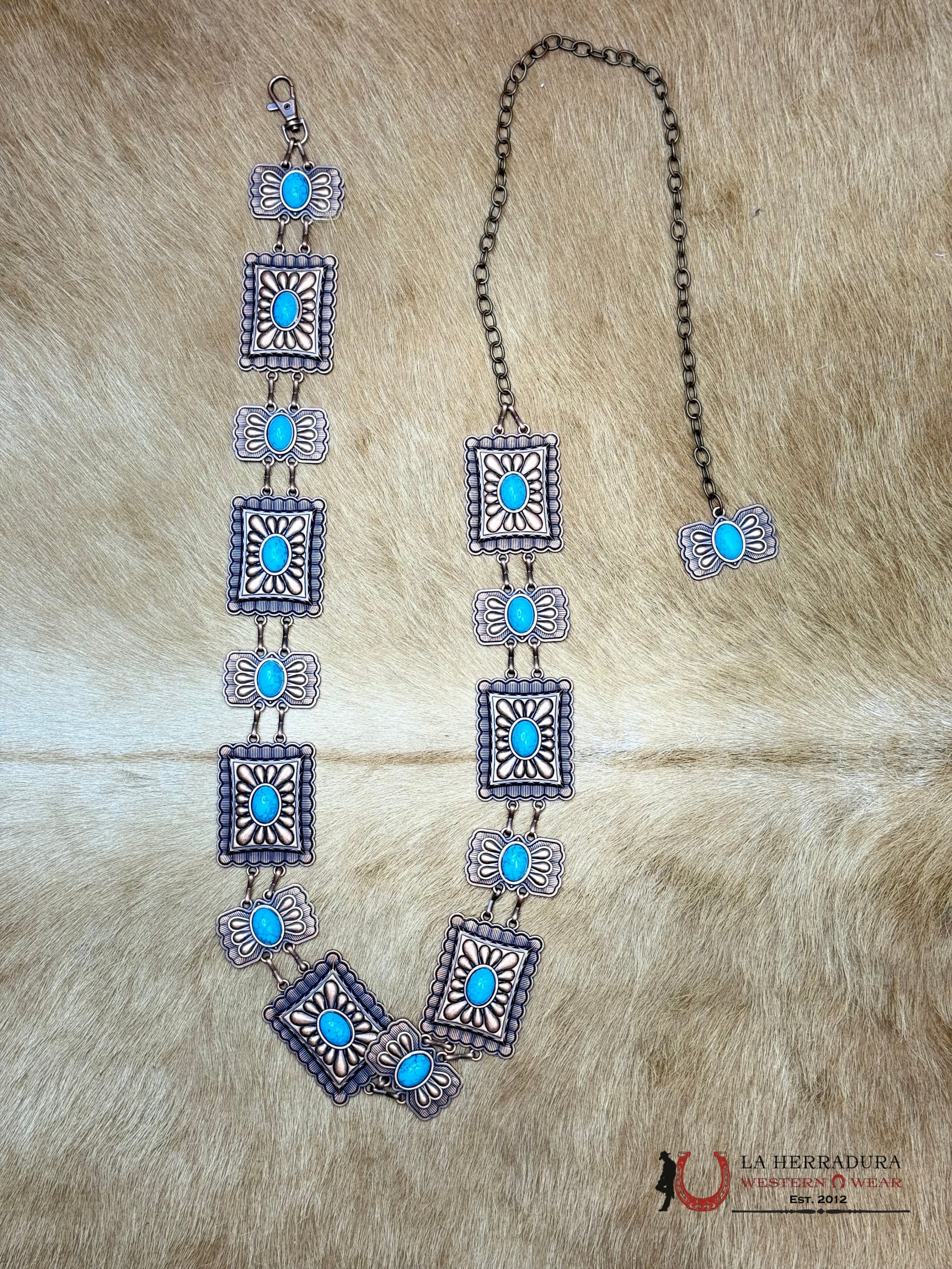 WOMENS BRASS CHAIN BELT WITH BLUE STONE OSFM CINTURONES MUJERES