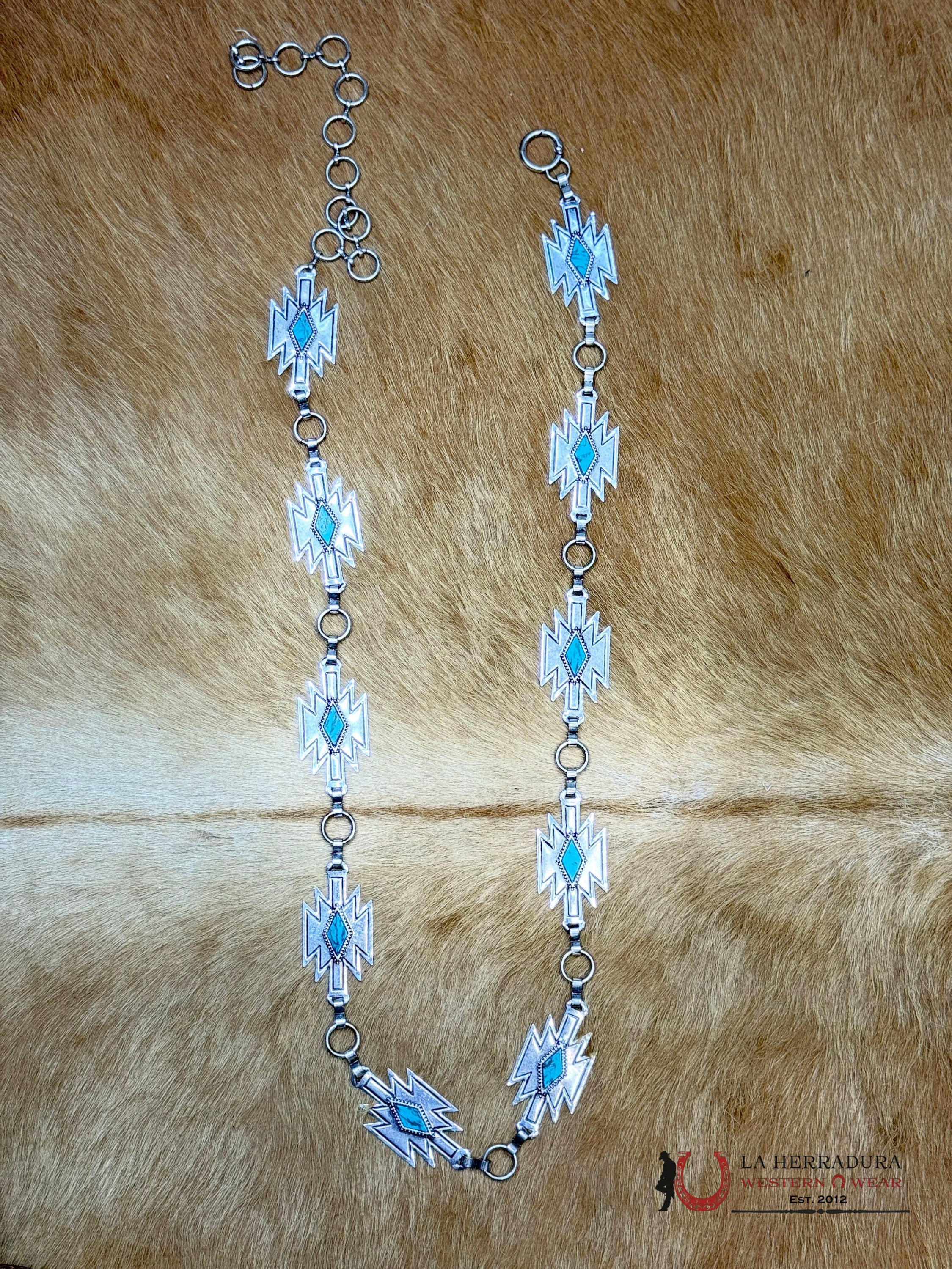 WOMENS CHAIN BELT AZTEC WITH TURQUOISE STONE OSFM CINTURONES MUJERES