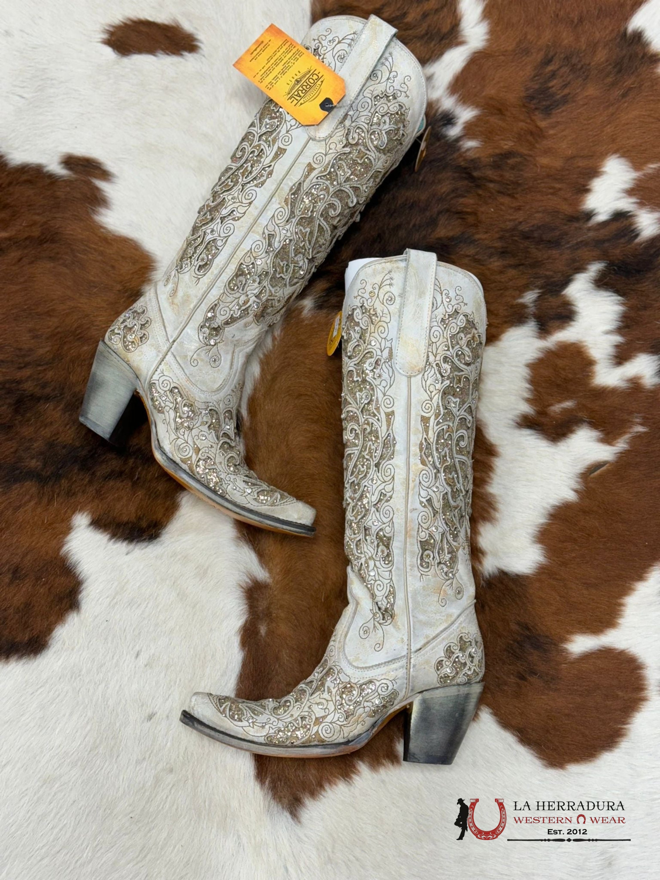 Womens Corral Beige Distressed Glitter Inlay & Embroidery Tall Boot Botas Mujeres
