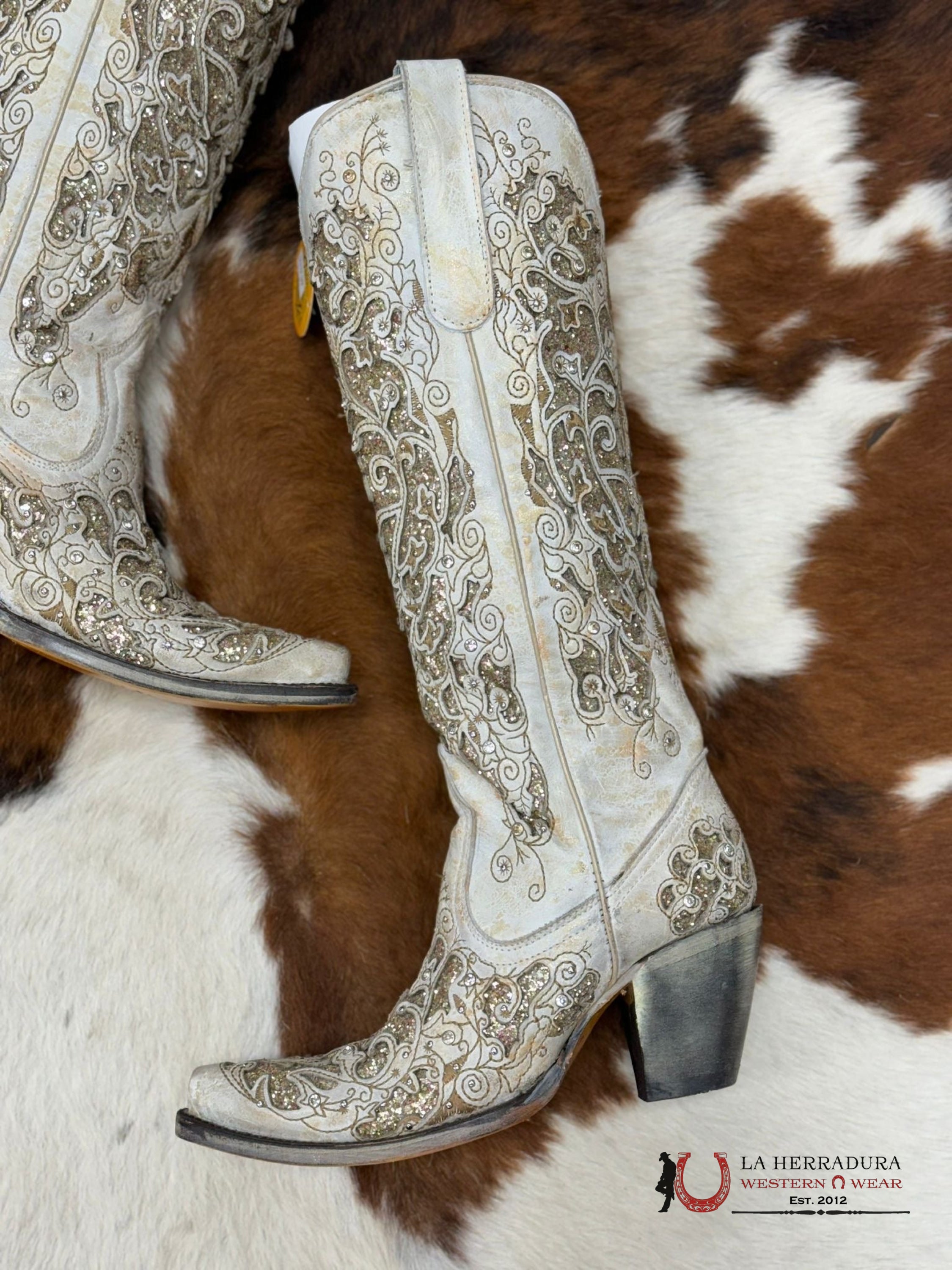 Womens Corral Beige Distressed Glitter Inlay & Embroidery Tall Boot Botas Mujeres