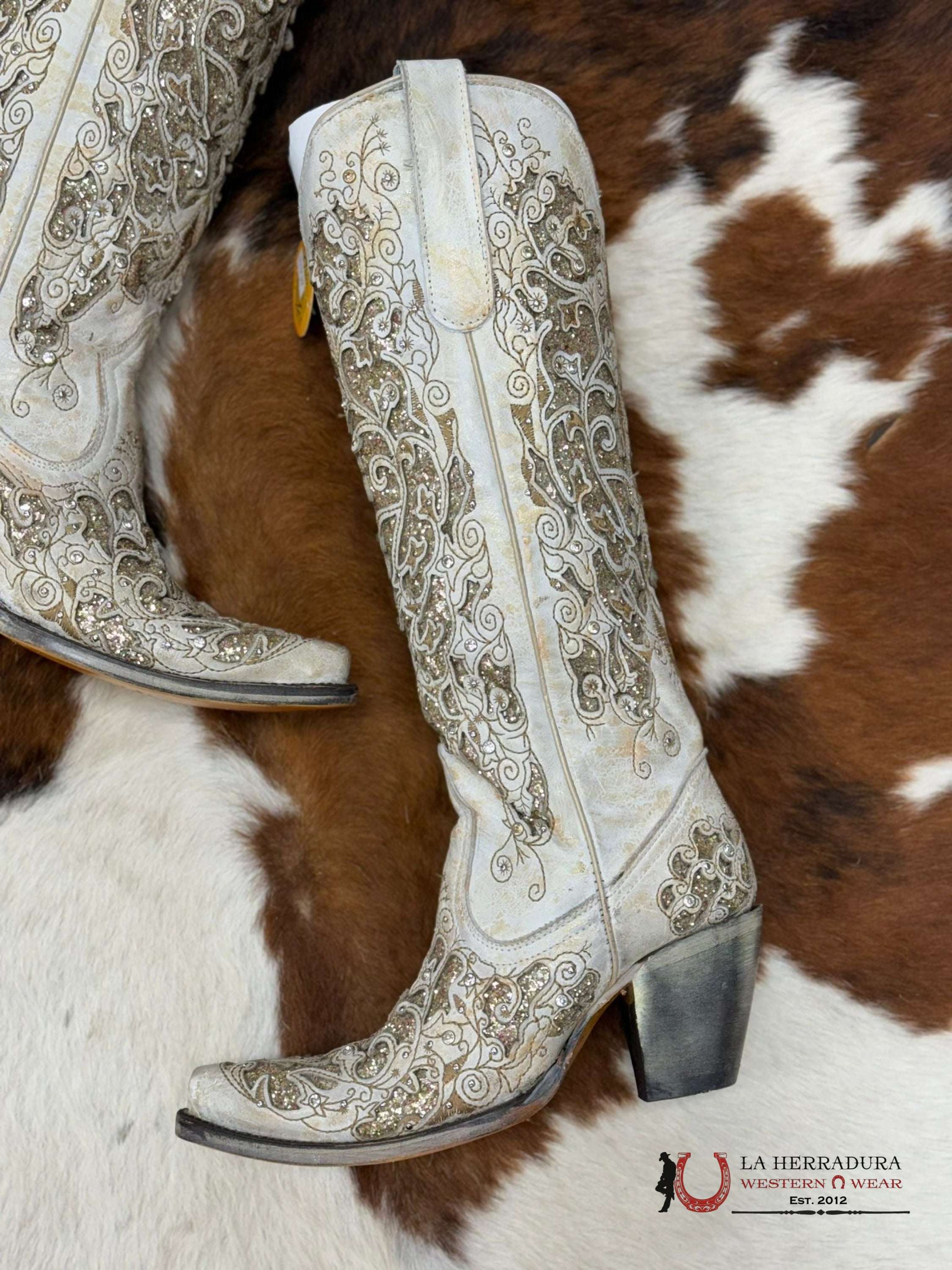 Womens Corral Beige Distressed Glitter Inlay & Embroidery Tall Boot Botas Mujeres