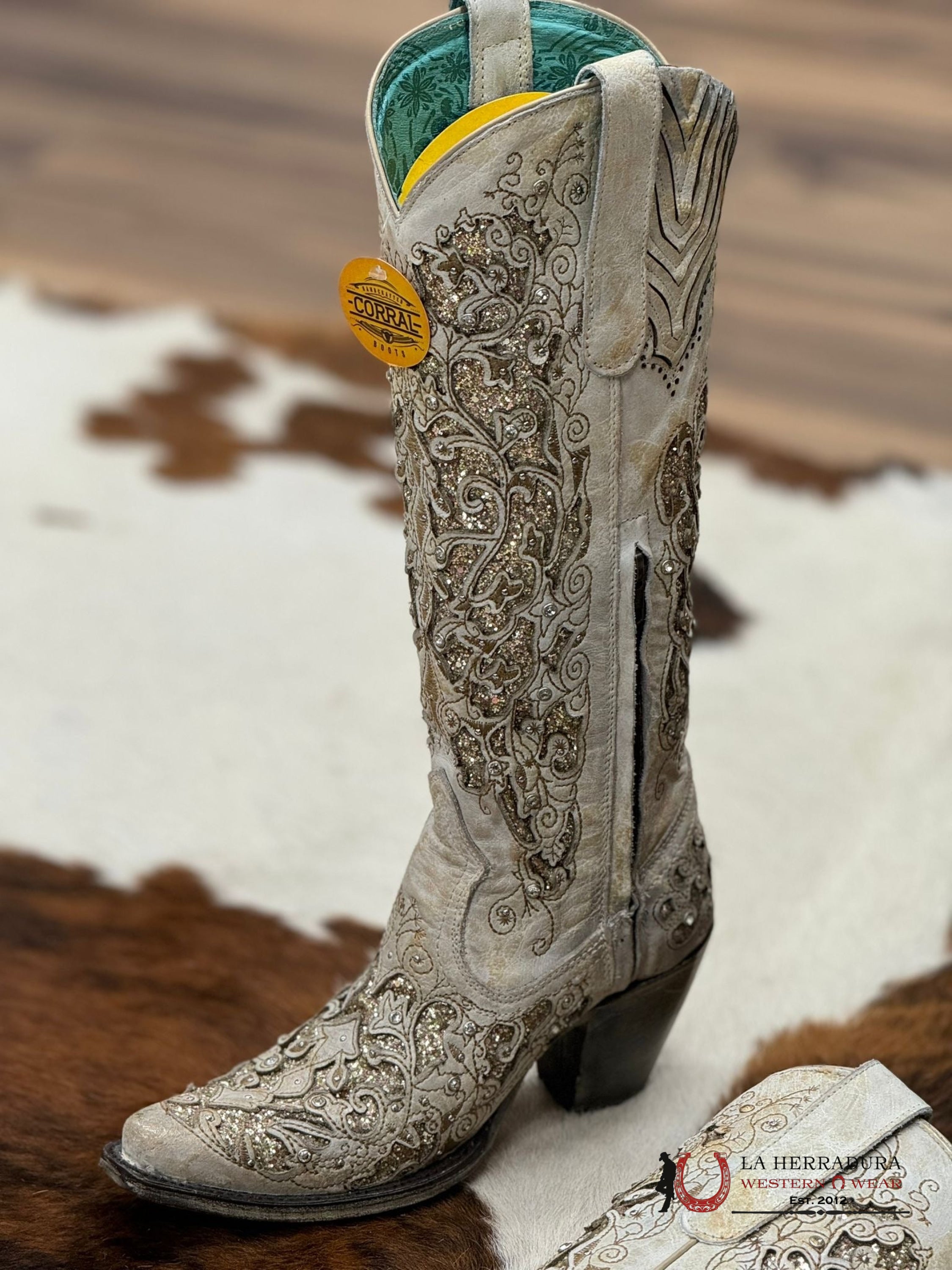 Womens Corral Beige Distressed Glitter Inlay & Embroidery Tall Boot Botas Mujeres