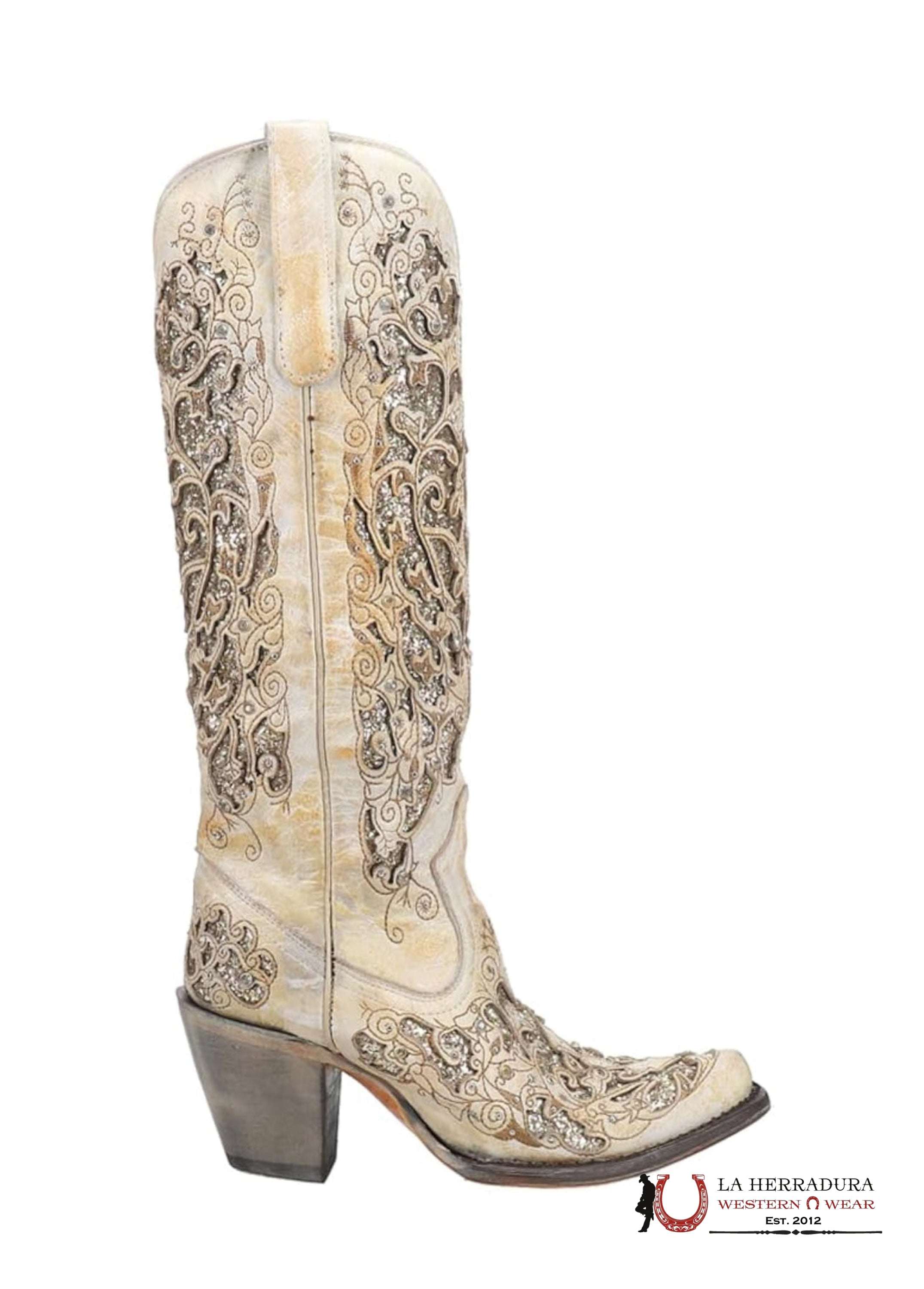 WOMENS CORRAL BEIGE DISTRESSED GLITTER INLAY & EMBROIDERY TALL BOOT BOTAS MUJERES