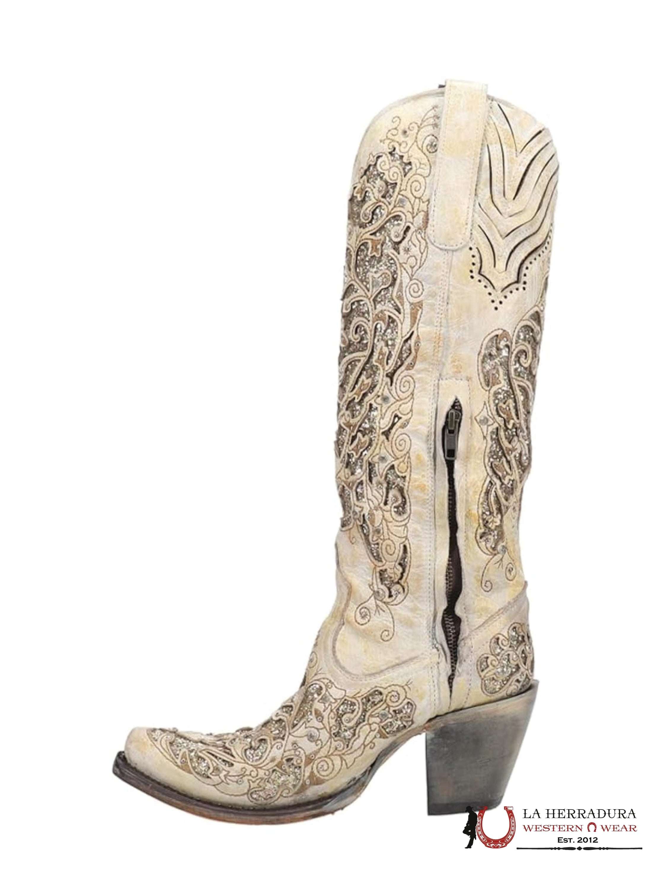WOMENS CORRAL BEIGE DISTRESSED GLITTER INLAY & EMBROIDERY TALL BOOT BOTAS MUJERES