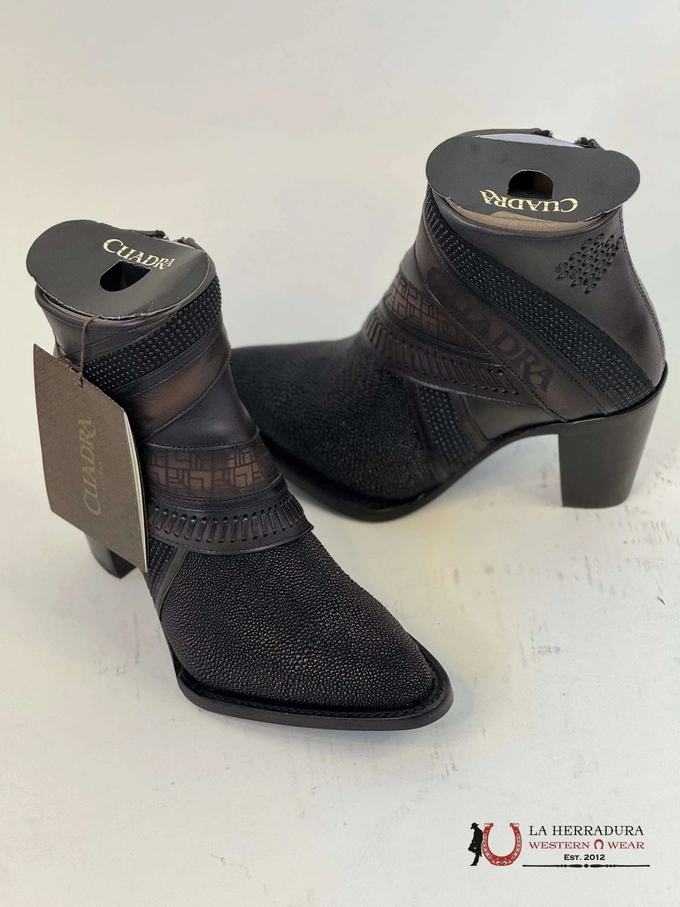 Womens Cuadra Black Stingray Laser Embroidery & Harness Short Boot Mantarraya Botines Botas Mujeres