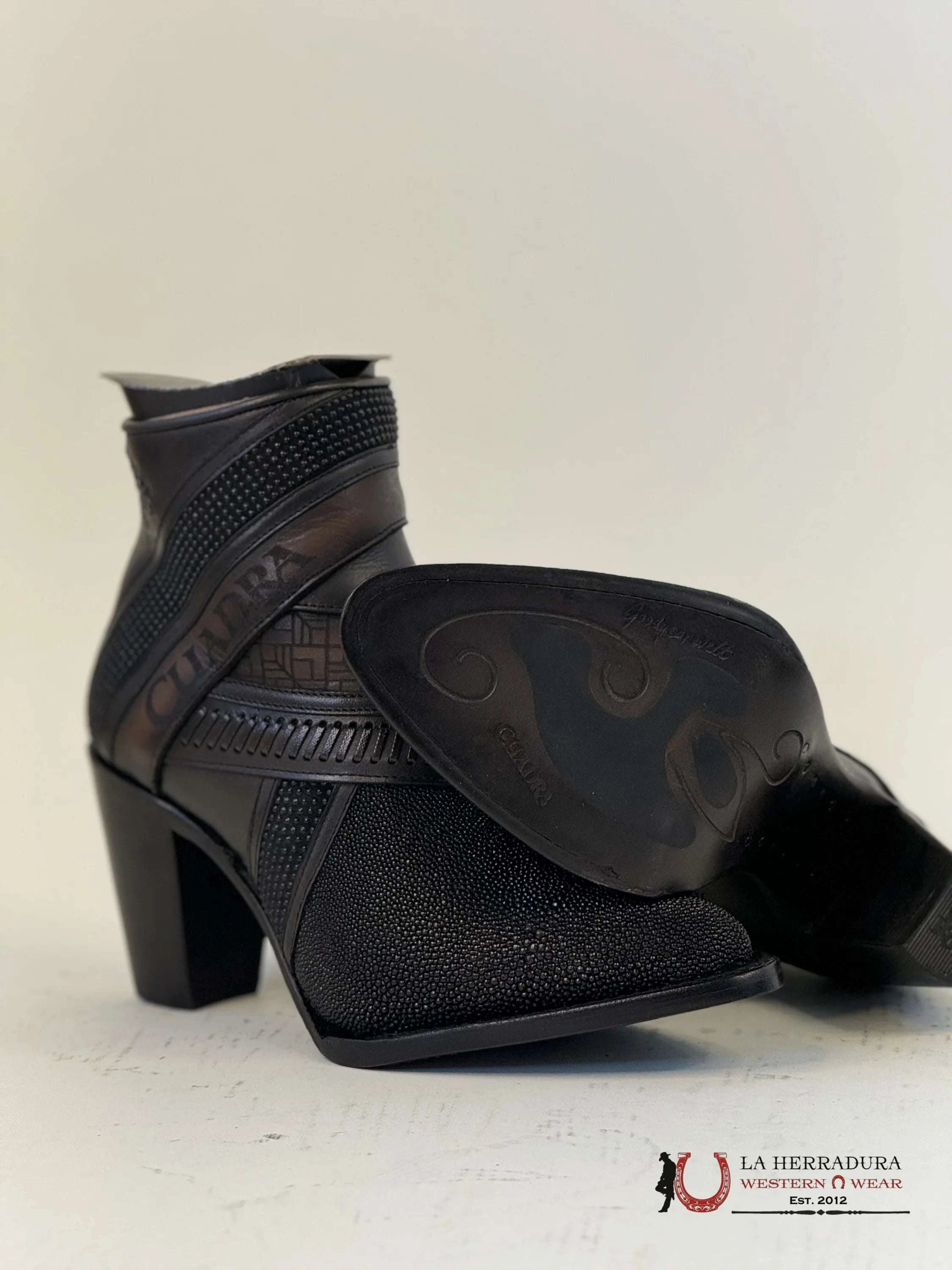 Womens Cuadra Black Stingray Laser Embroidery & Harness Short Boot Mantarraya Botines Botas Mujeres