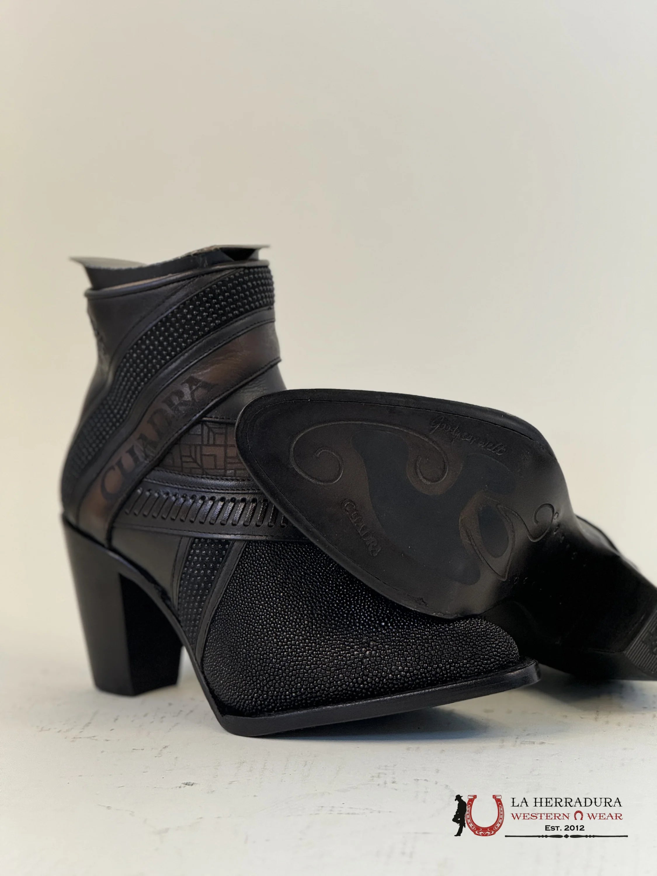 Womens Cuadra Black Stingray Laser Embroidery & Harness Short Boot Mantarraya Botines Botas Mujeres