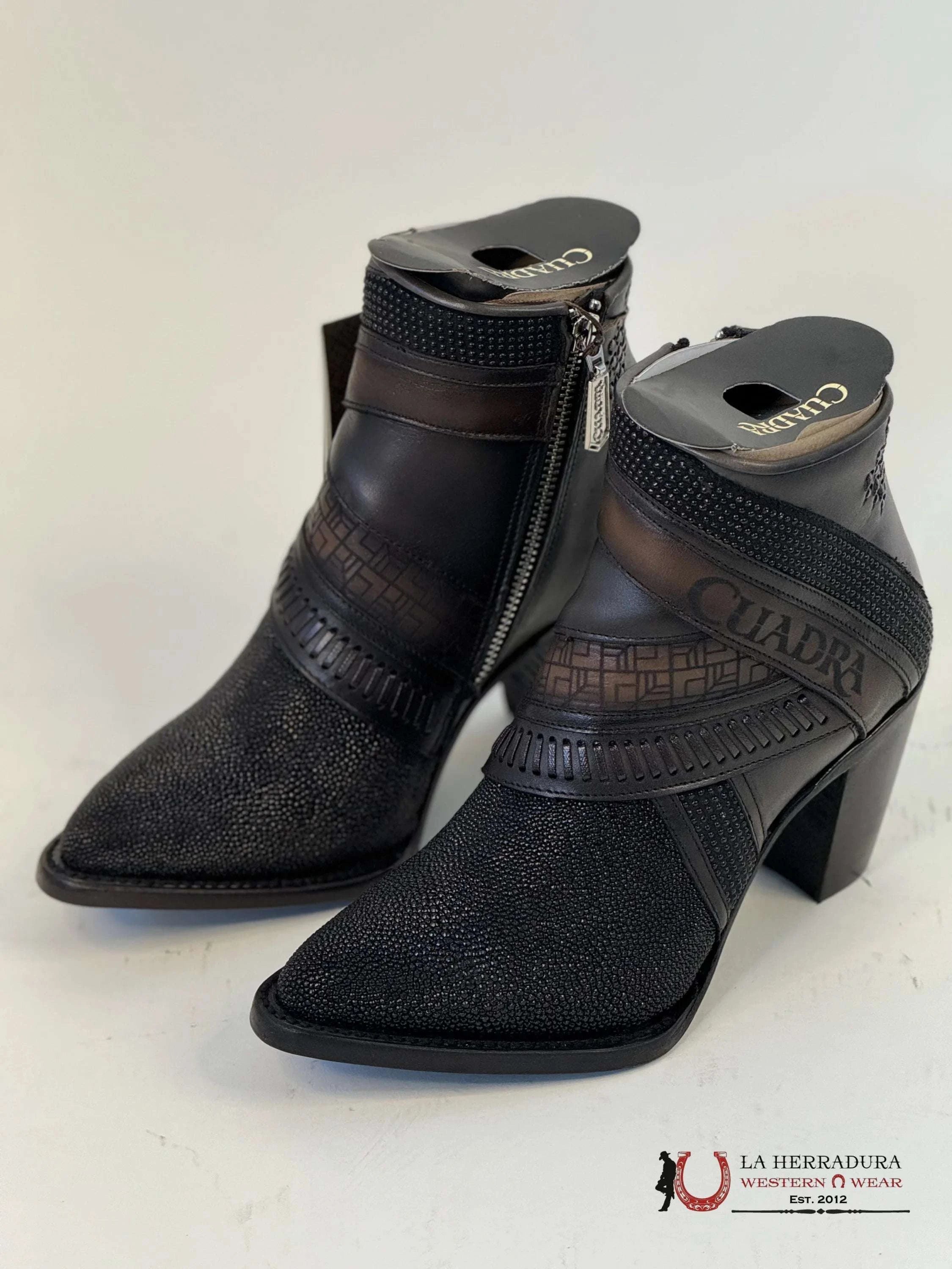 Womens Cuadra Black Stingray Laser Embroidery & Harness Short Boot Mantarraya Botines Botas Mujeres