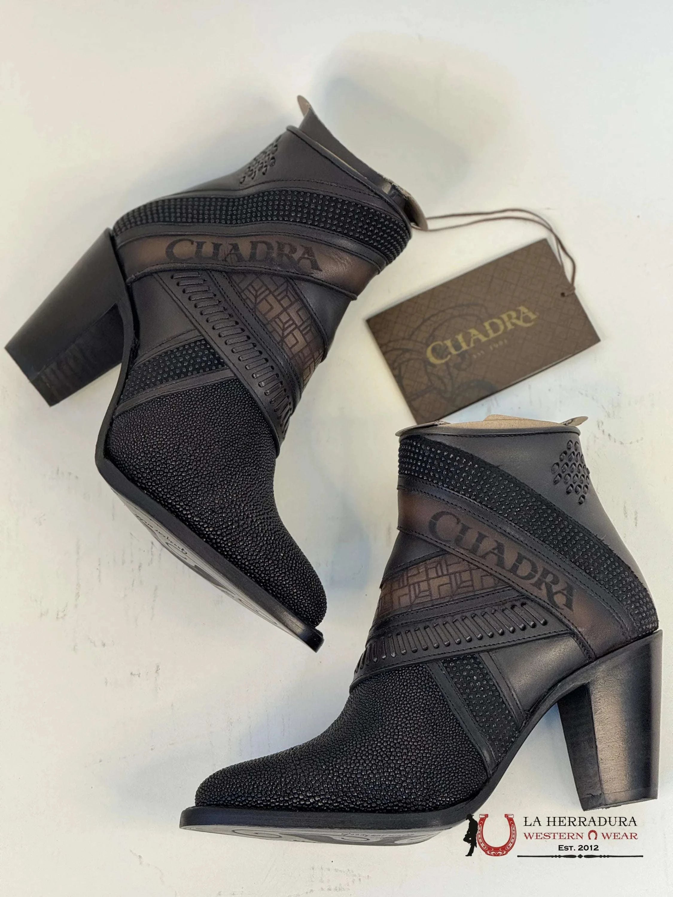 Womens Cuadra Black Stingray Laser Embroidery & Harness Short Boot Mantarraya Botines Botas Mujeres