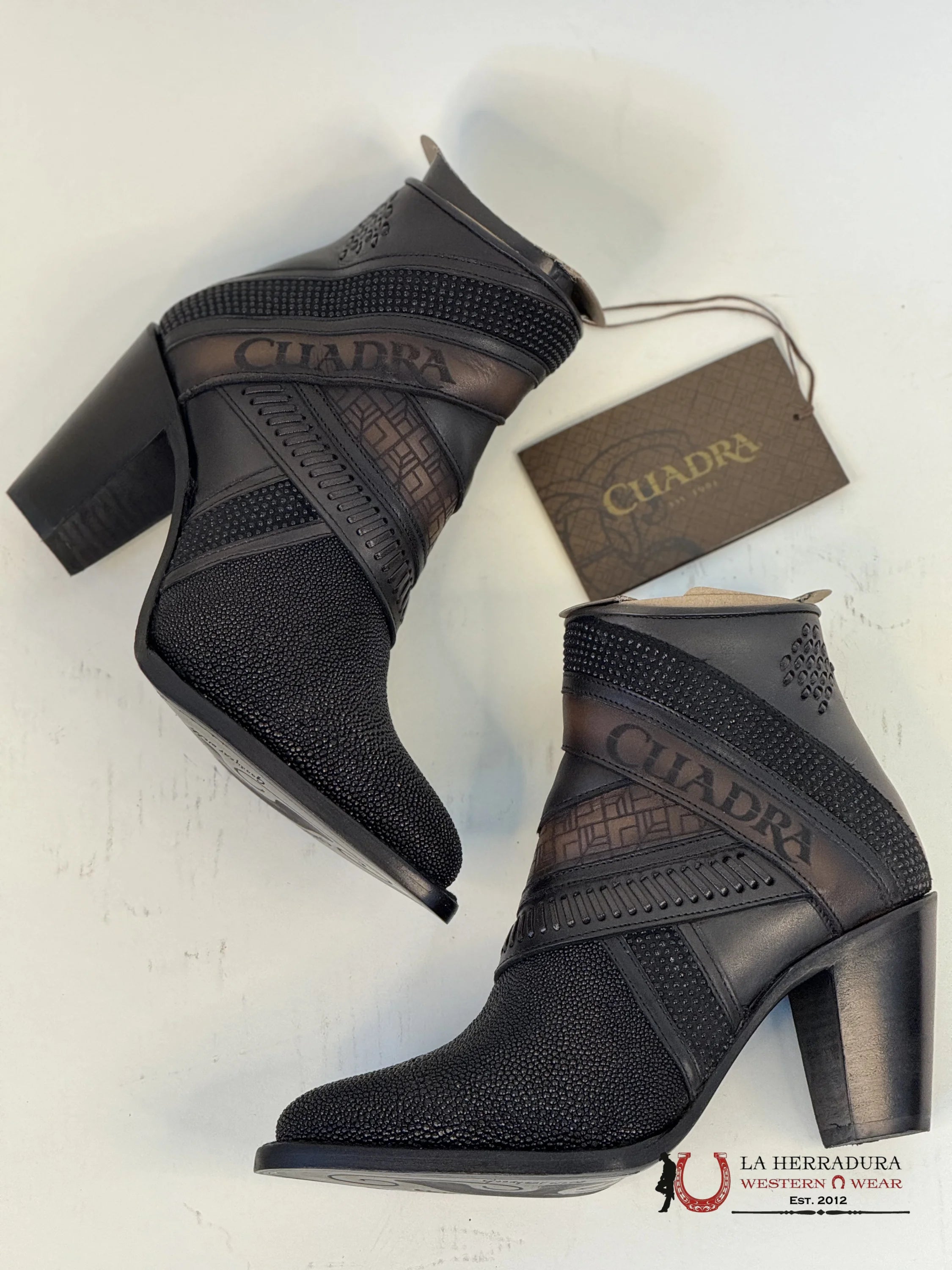 Womens Cuadra Black Stingray Laser Embroidery & Harness Short Boot Mantarraya Botines Botas Mujeres