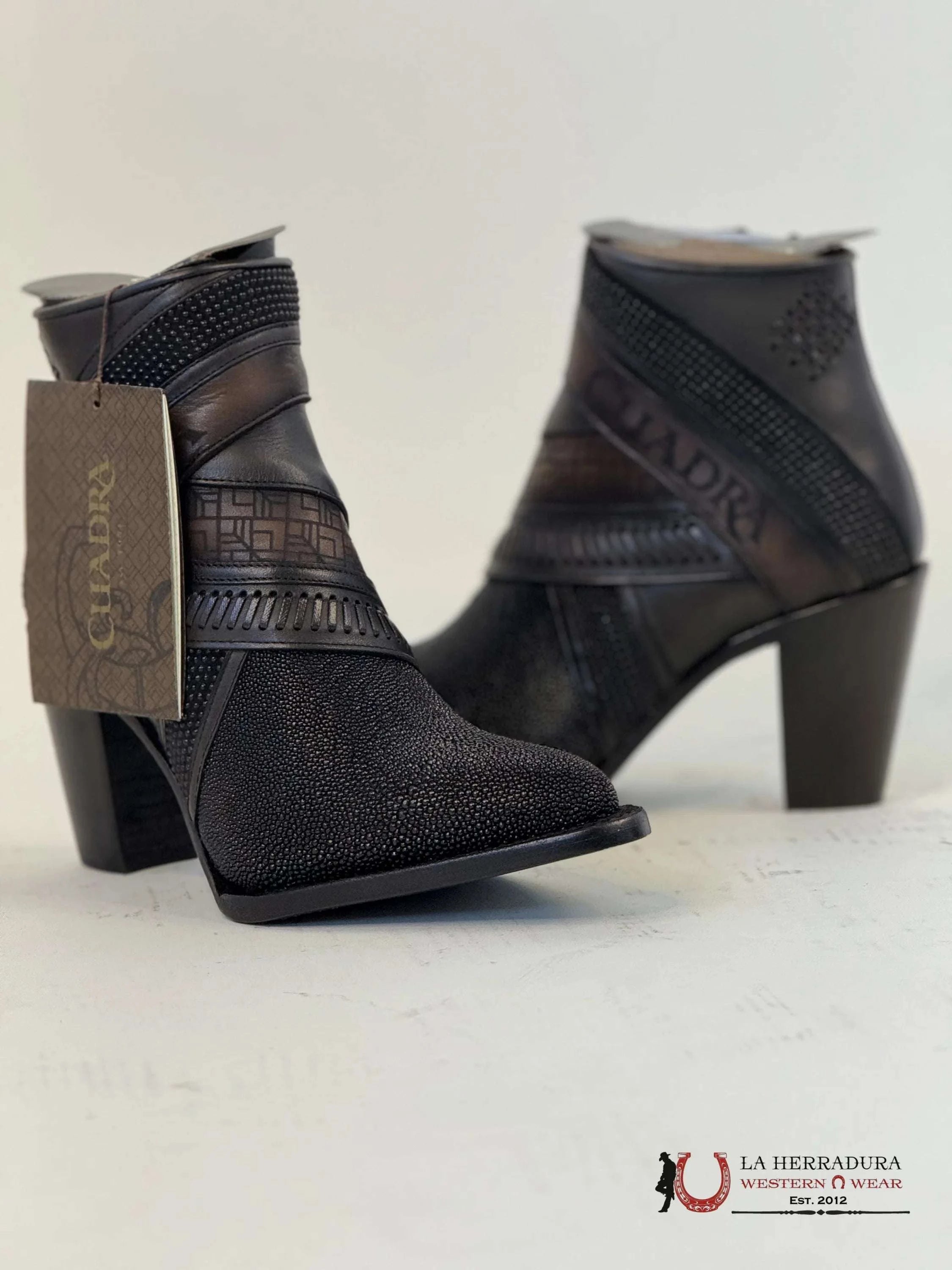 Womens Cuadra Black Stingray Laser Embroidery & Harness Short Boot Mantarraya Botines Botas Mujeres