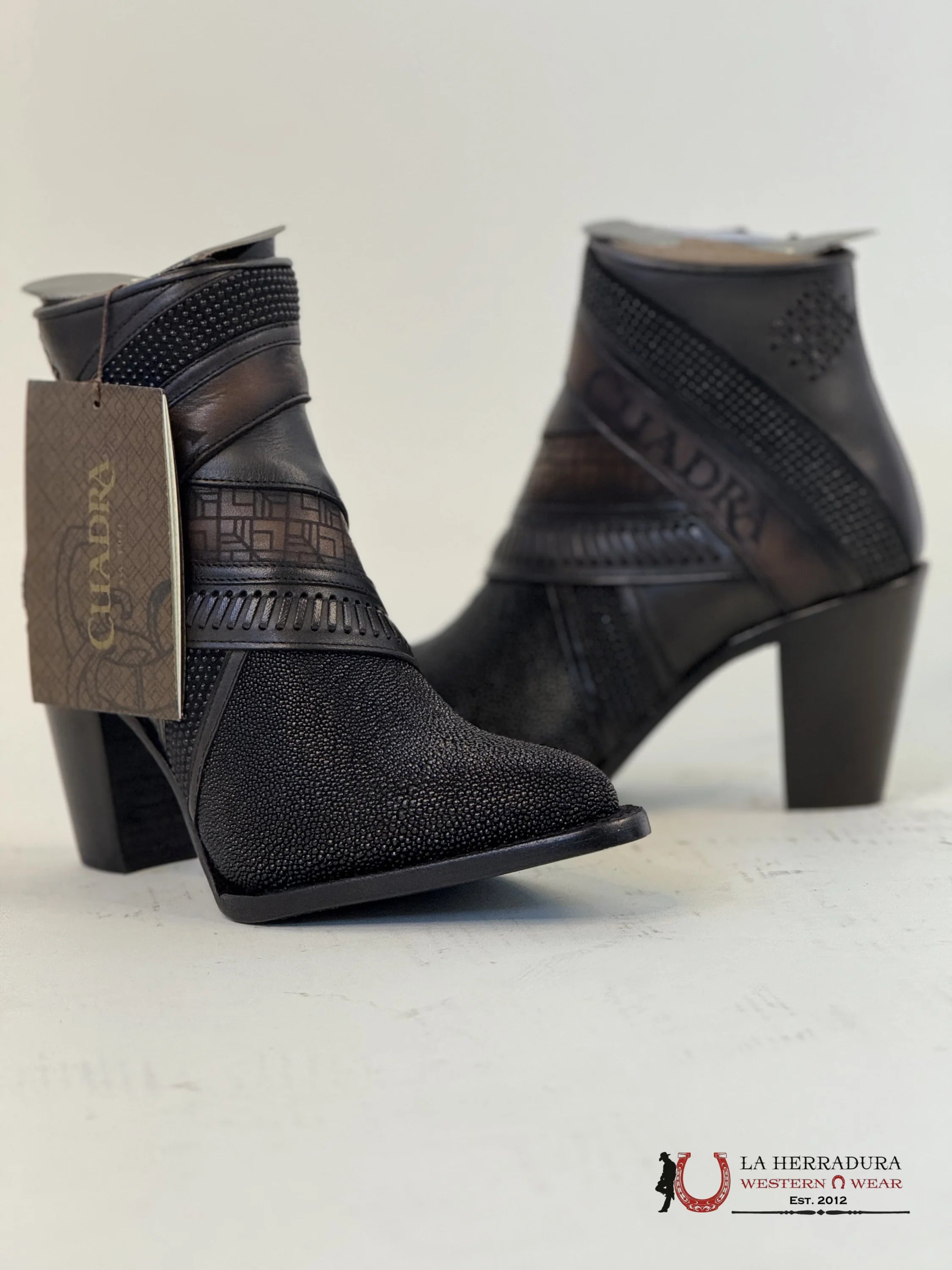 Womens Cuadra Black Stingray Laser Embroidery & Harness Short Boot Mantarraya Botines Botas Mujeres