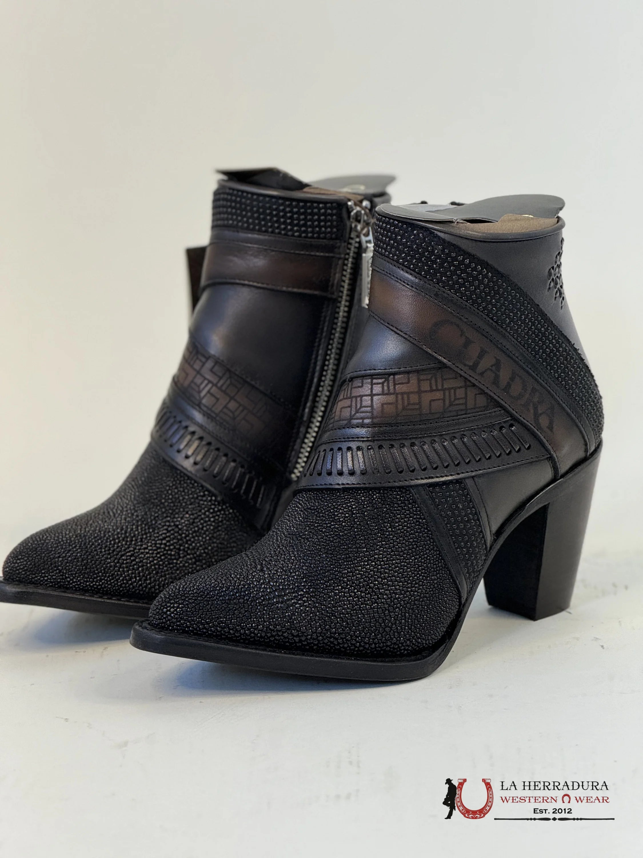 Womens Cuadra Black Stingray Laser Embroidery & Harness Short Boot Mantarraya Botines Botas Mujeres