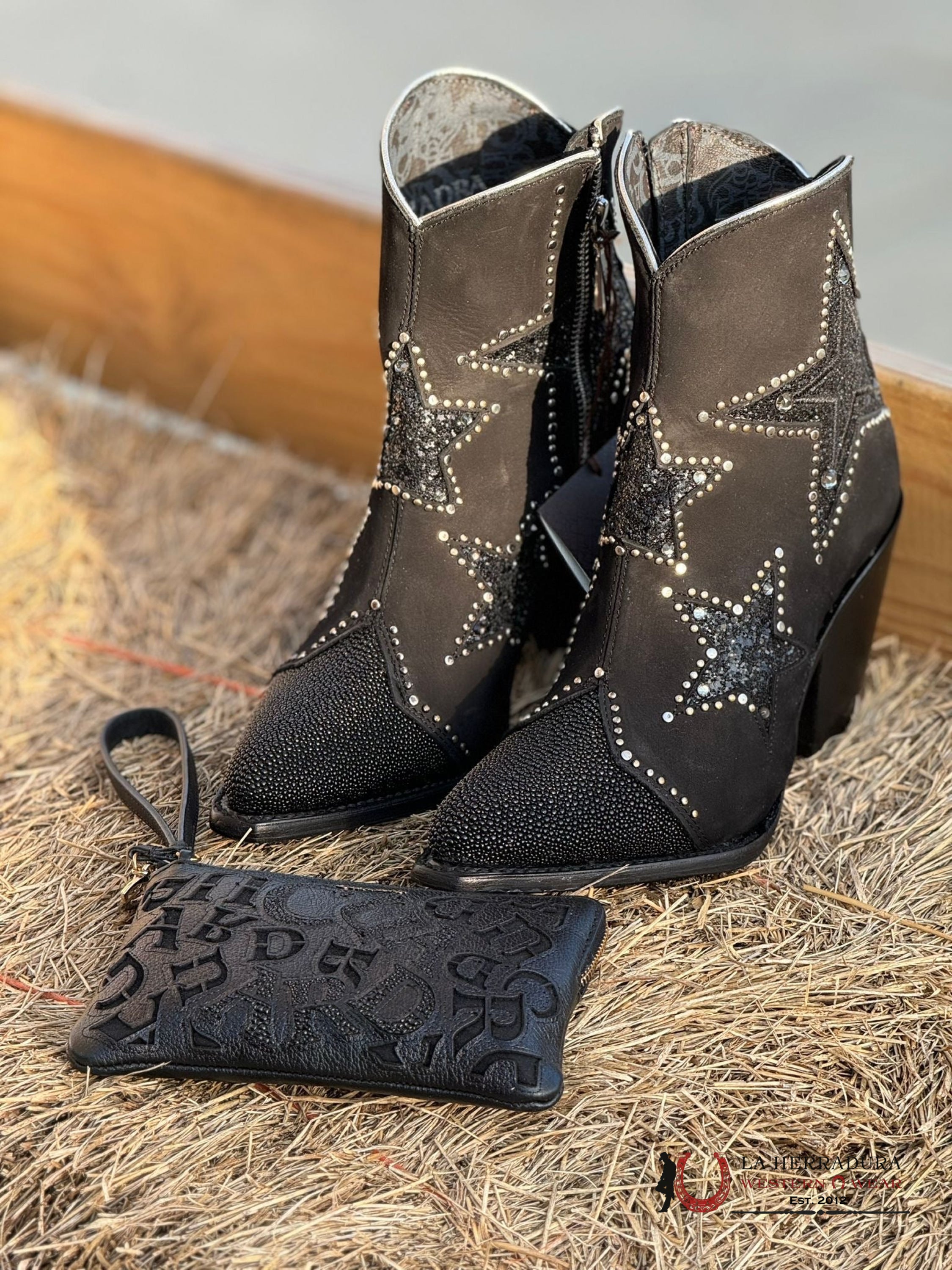 Womens Cuadra Botín Mantarraya Black Zipper & Studs Star Round Toe Botas Mujeres