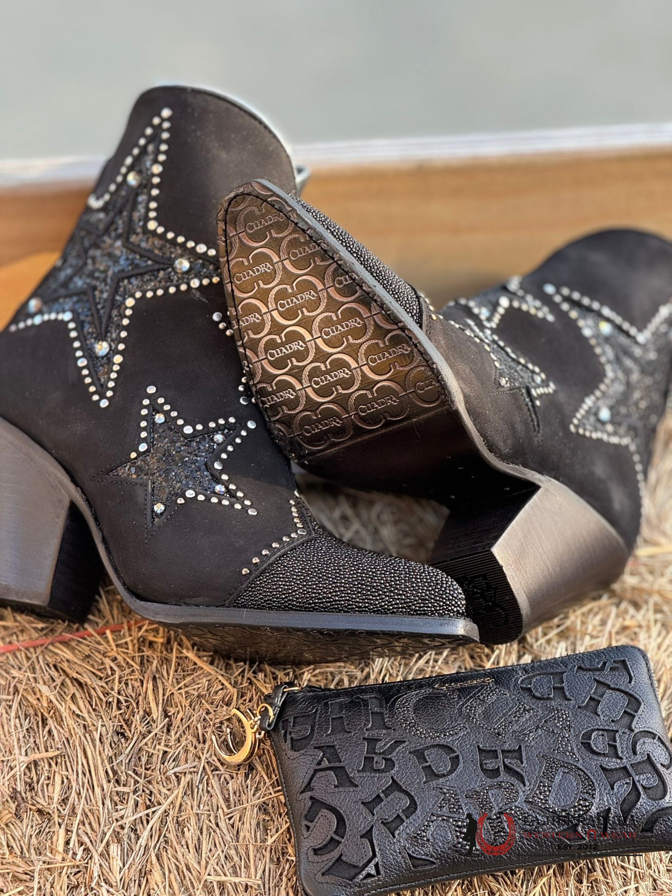 Womens Cuadra Botín Mantarraya Black Zipper & Studs Star Round Toe Botas Mujeres