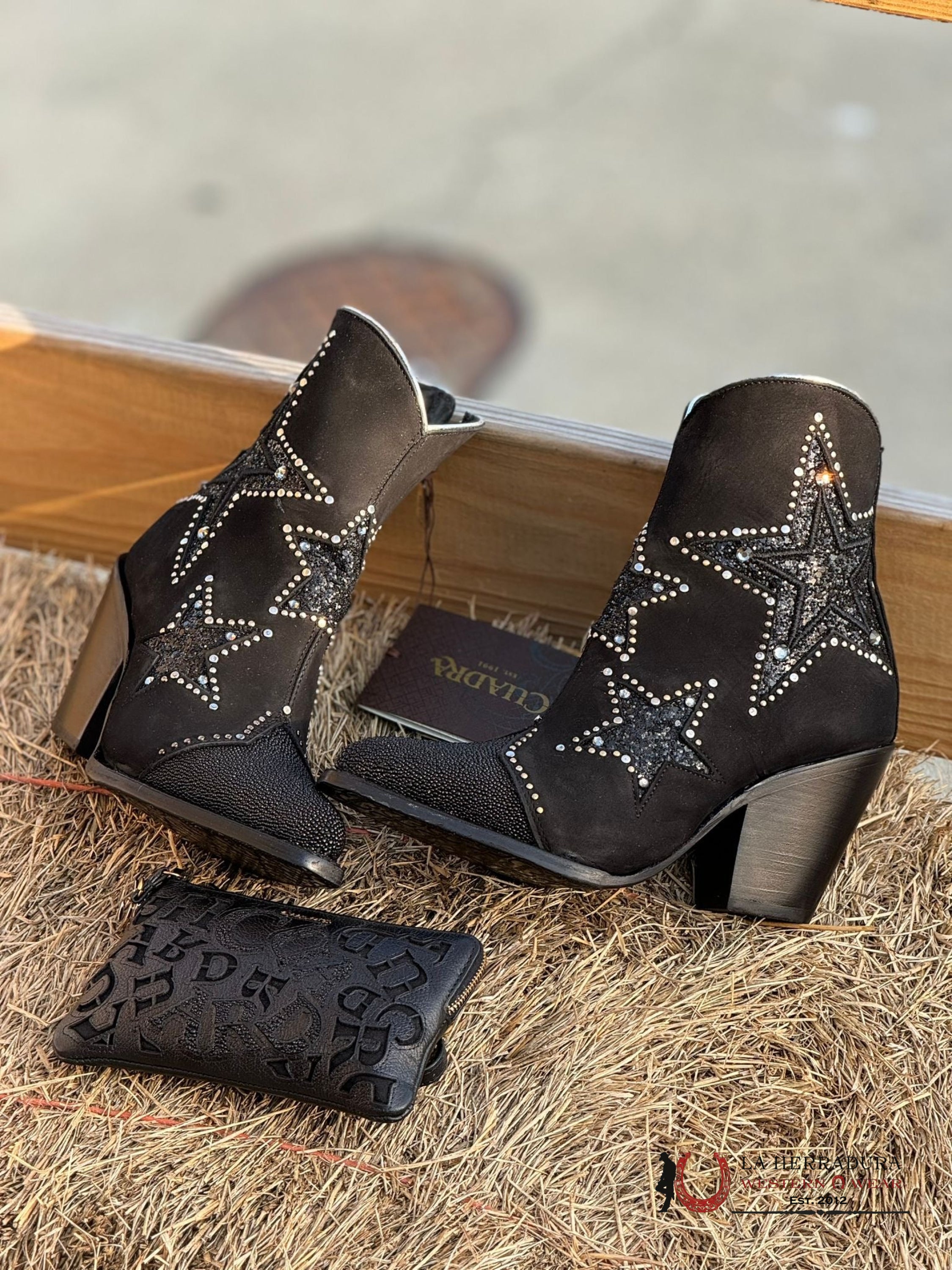 Womens Cuadra Botín Mantarraya Black Zipper & Studs Star Round Toe Botas Mujeres