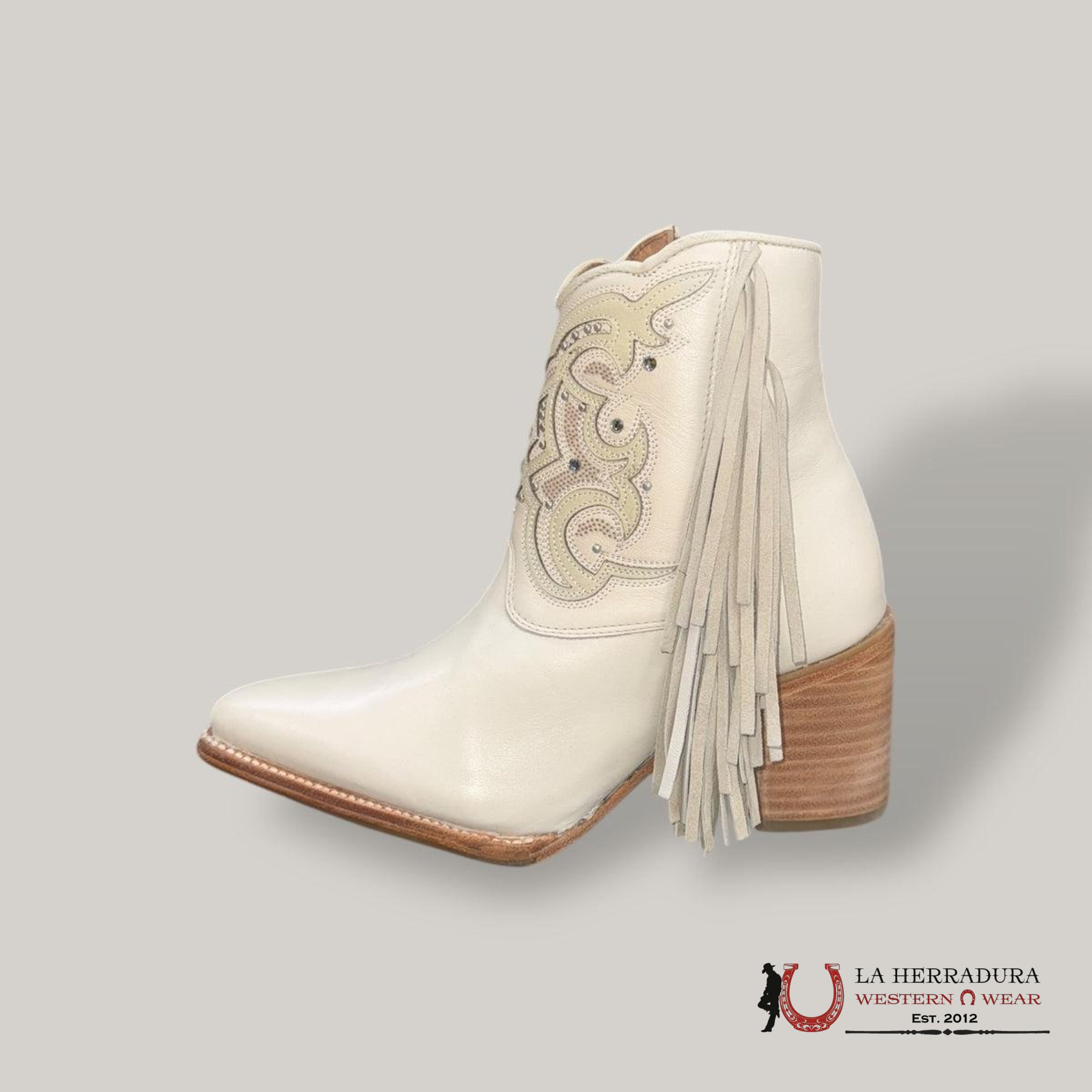 WOMENS CUADRA BOTÍN MIKONOS LATE WHITE OVERLAY & STUDS & FRINGE POINTED TOE BOTAS MUJERES