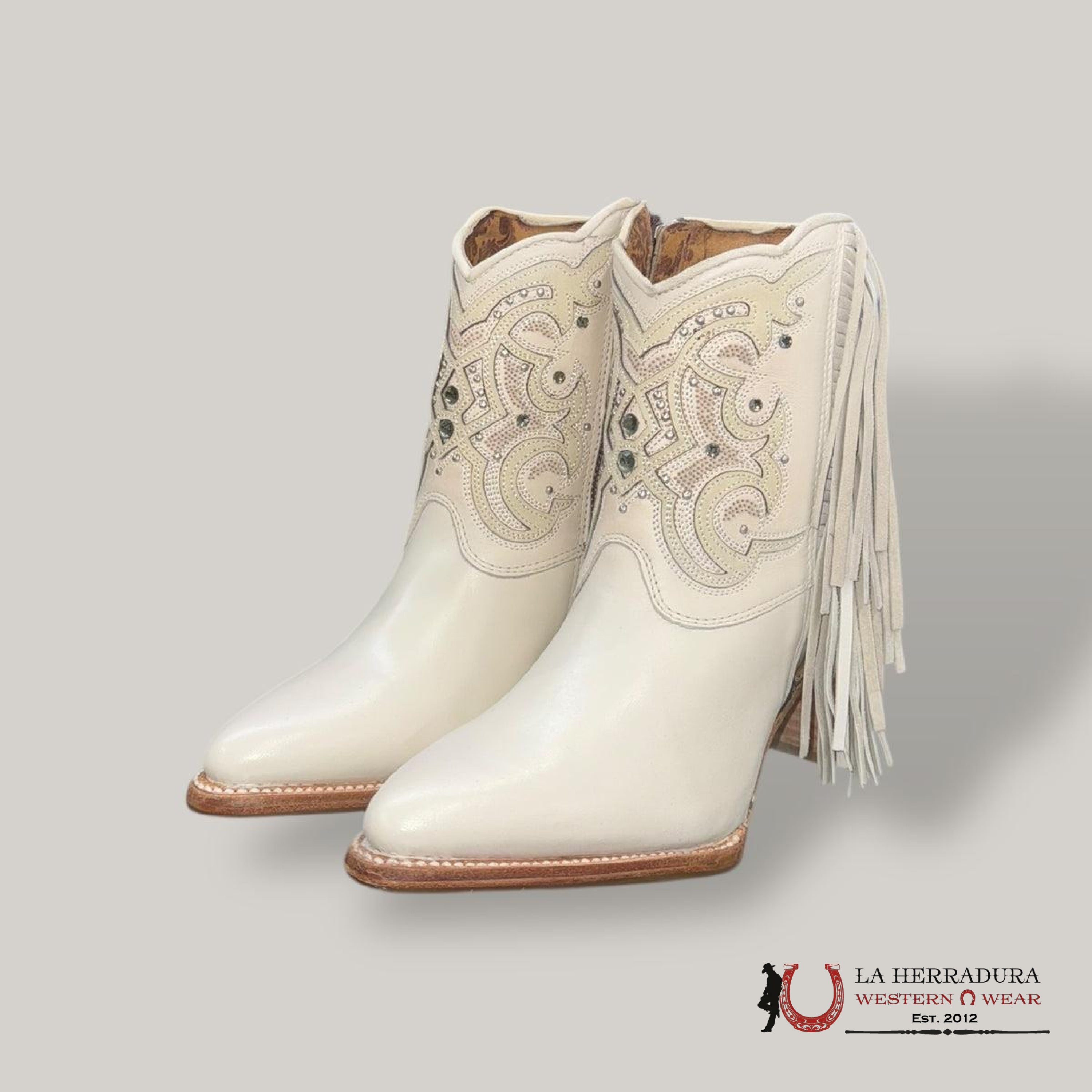 WOMENS CUADRA BOTÍN MIKONOS LATE WHITE OVERLAY & STUDS & FRINGE POINTED TOE BOTAS MUJERES