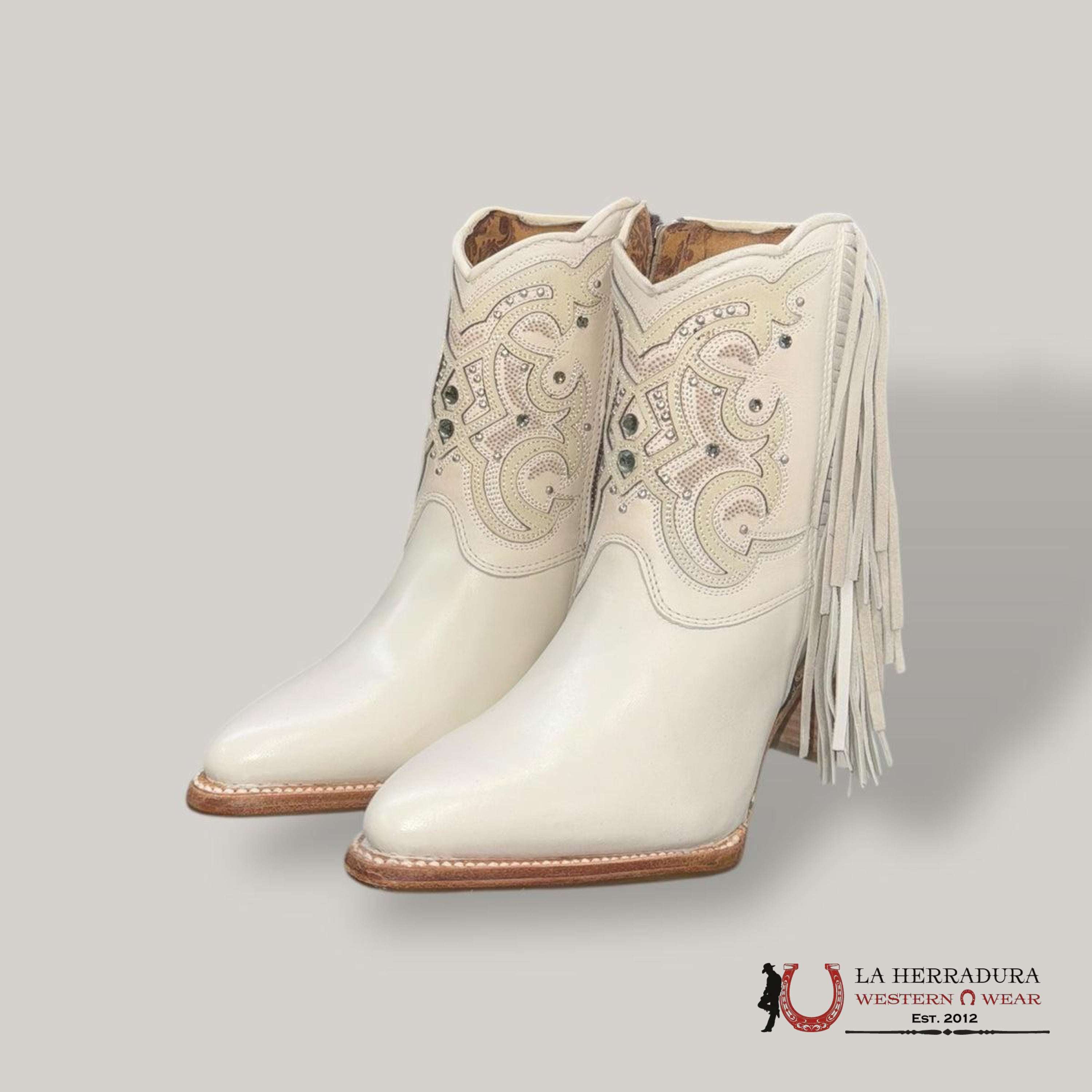 WOMENS CUADRA BOTÍN MIKONOS LATE WHITE OVERLAY & STUDS & FRINGE POINTED TOE BOTAS MUJERES