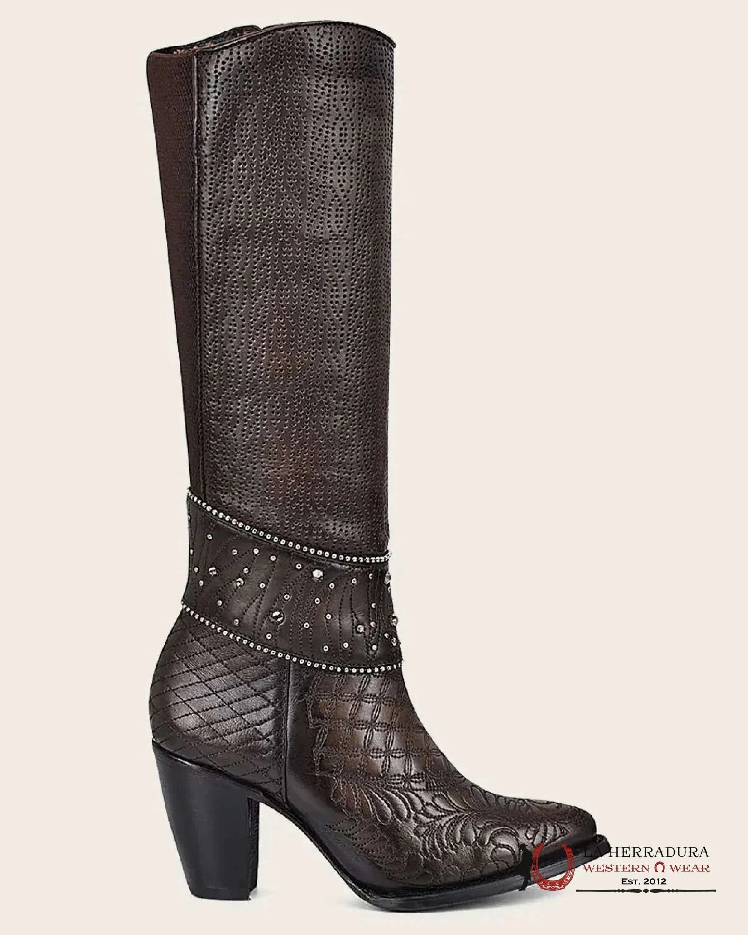 WOMENS CUADRA DE RES NEGRO CAFE EMBROIDERY ROUND TOE CU584 BOTAS MUJERES