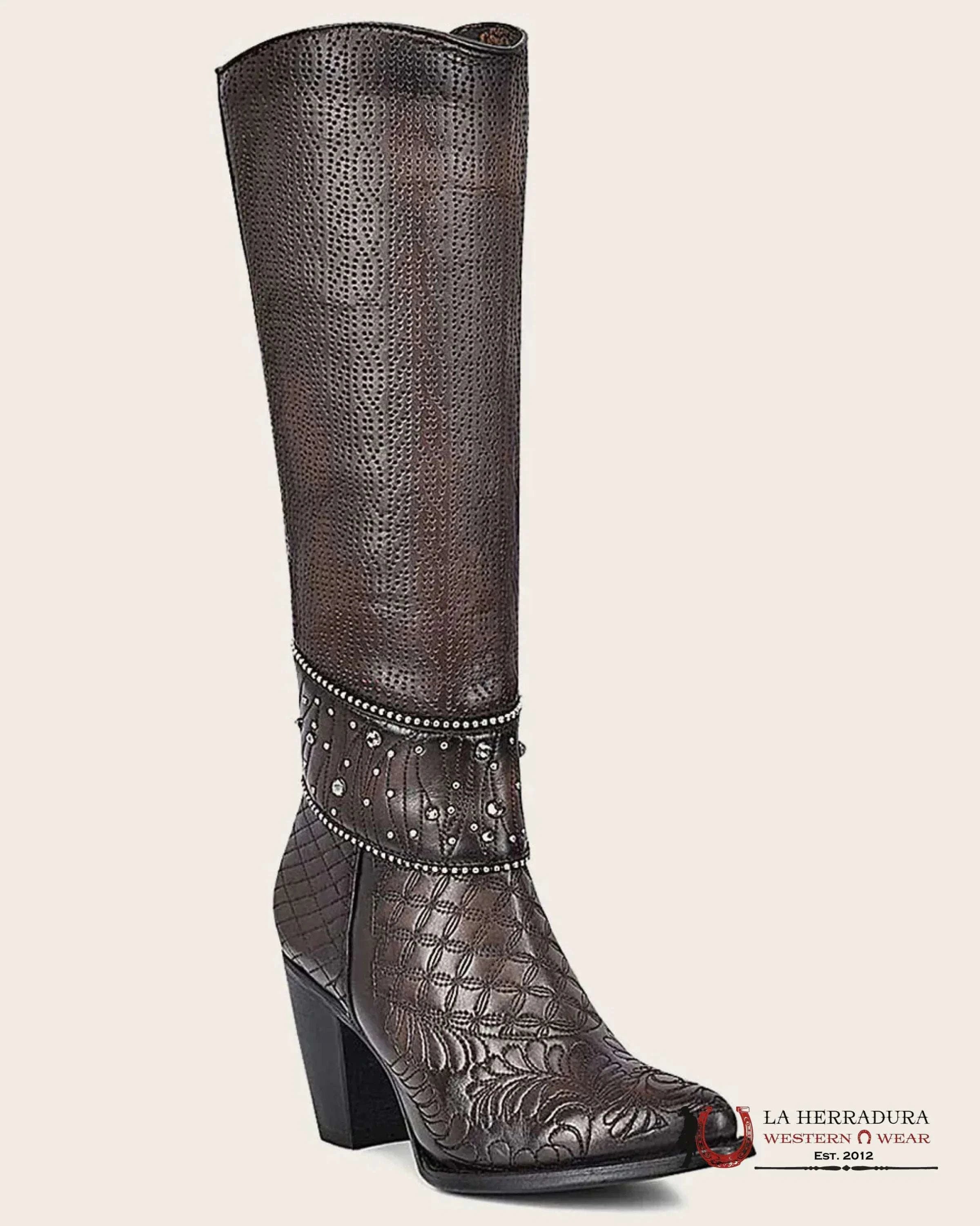 WOMENS CUADRA DE RES NEGRO CAFE EMBROIDERY ROUND TOE CU584 BOTAS MUJERES