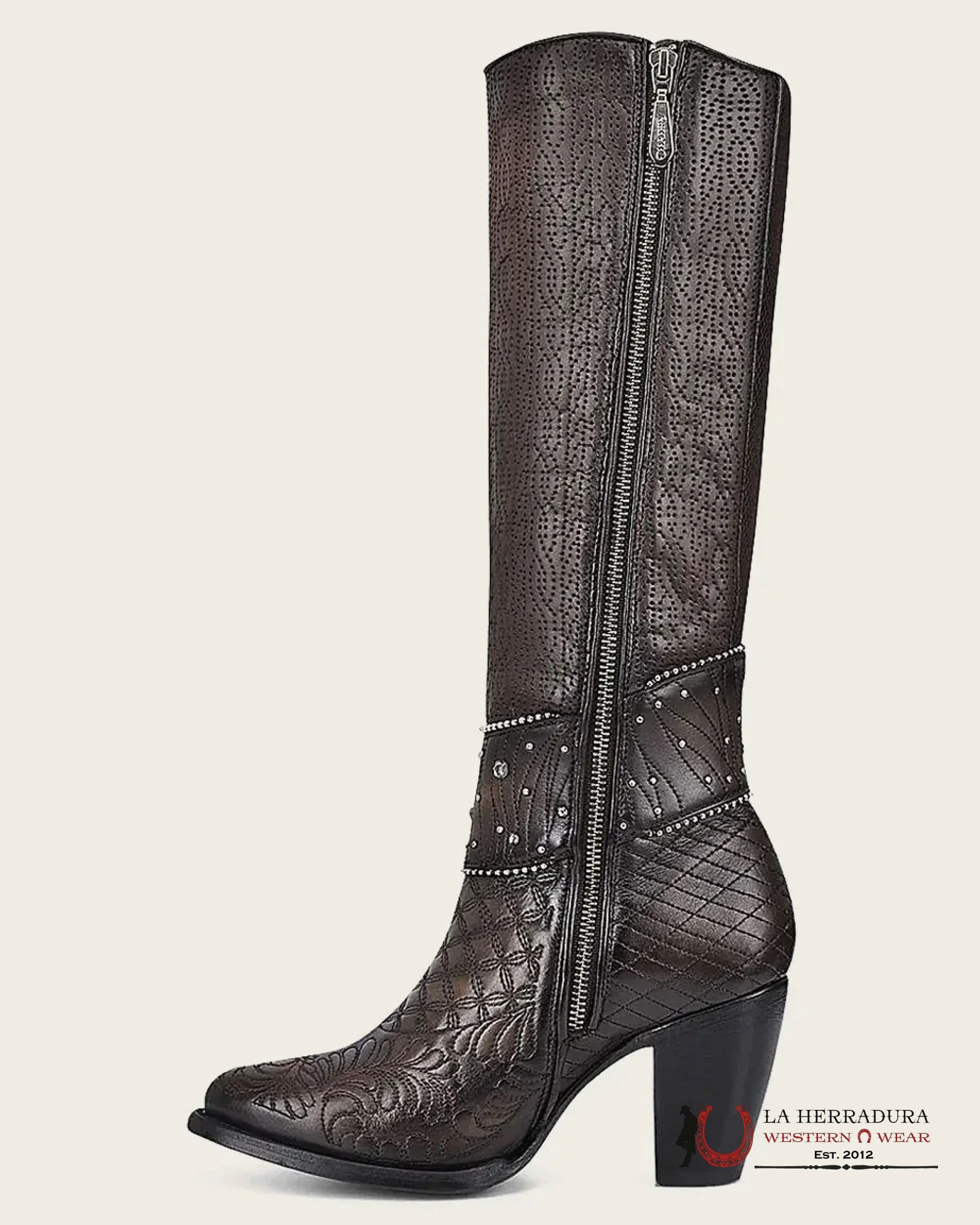 WOMENS CUADRA DE RES NEGRO CAFE EMBROIDERY ROUND TOE CU584 BOTAS MUJERES