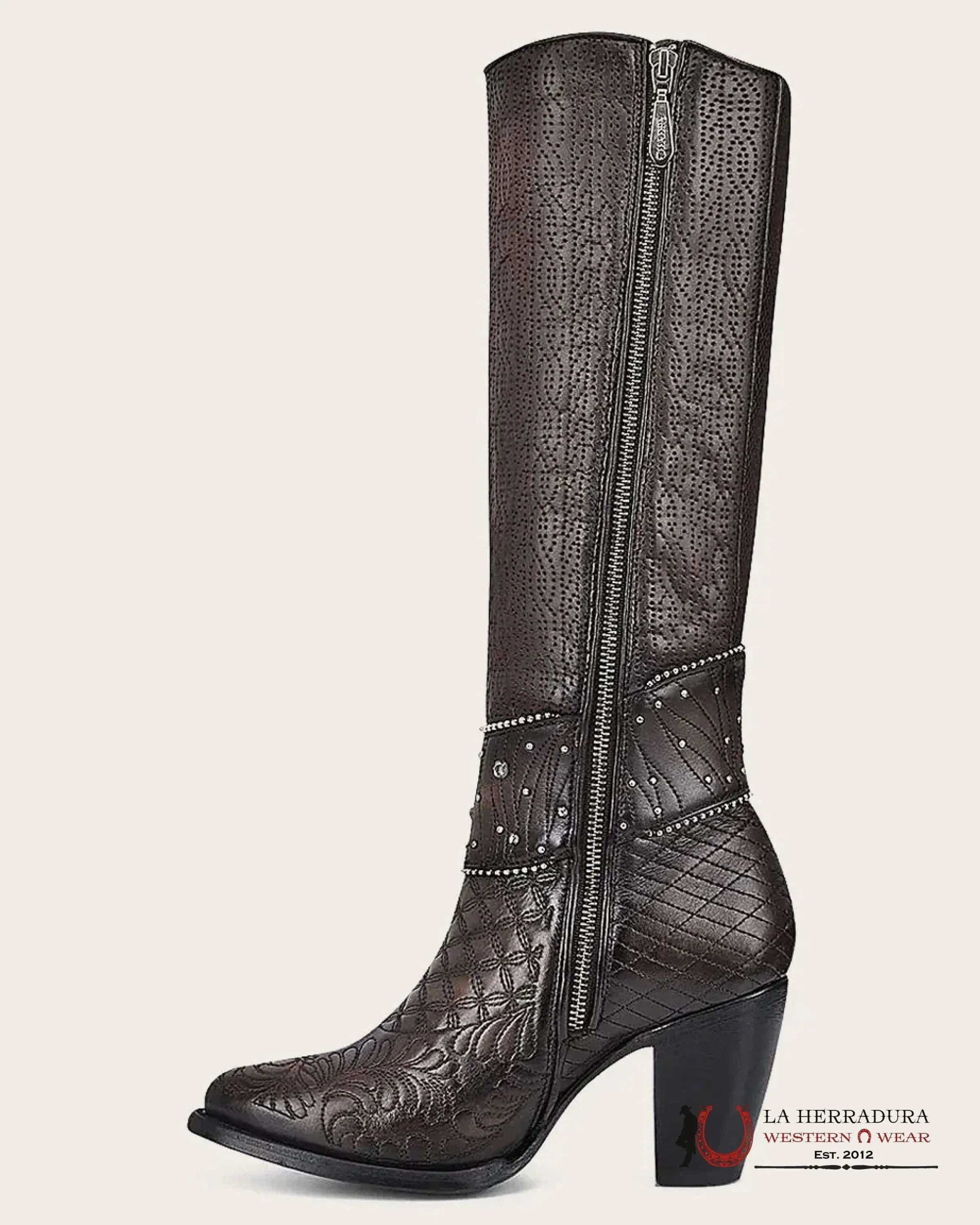 WOMENS CUADRA DE RES NEGRO CAFE EMBROIDERY ROUND TOE CU584 BOTAS MUJERES