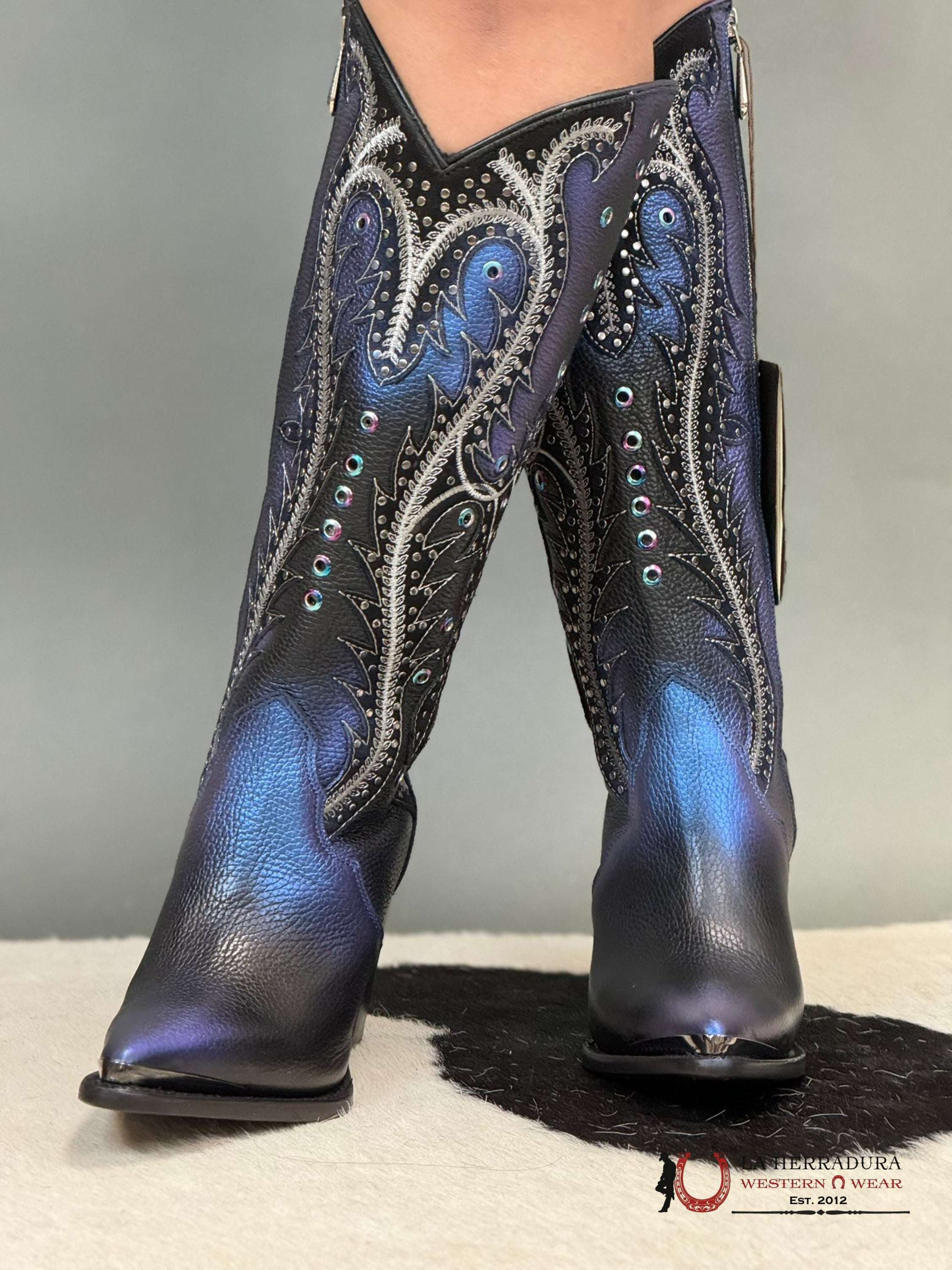 Womens Cuadra De Res Santana Sapphire Negro Pointed Toe Botas Mujeres
