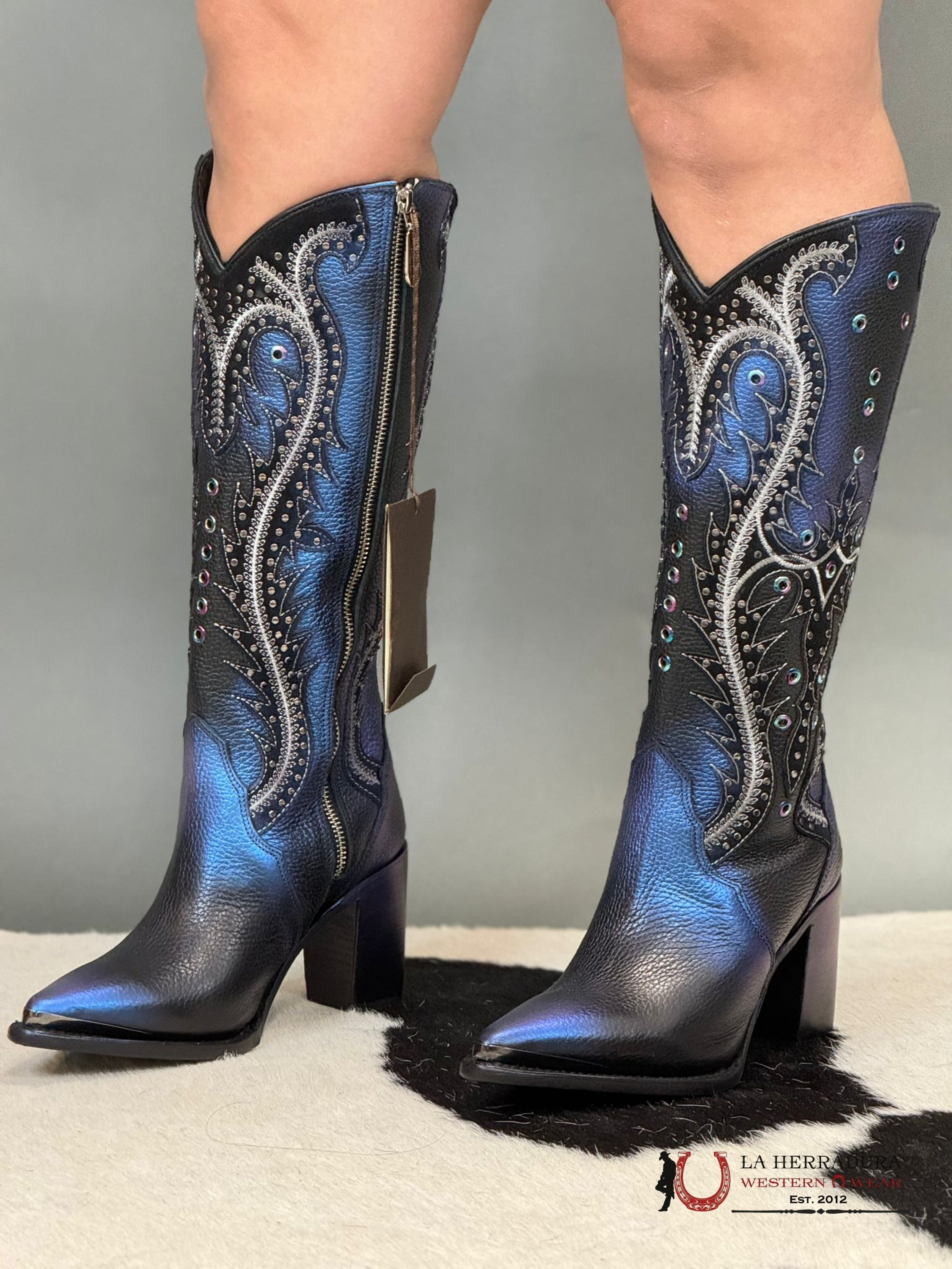 Womens Cuadra De Res Santana Sapphire Negro Pointed Toe Botas Mujeres