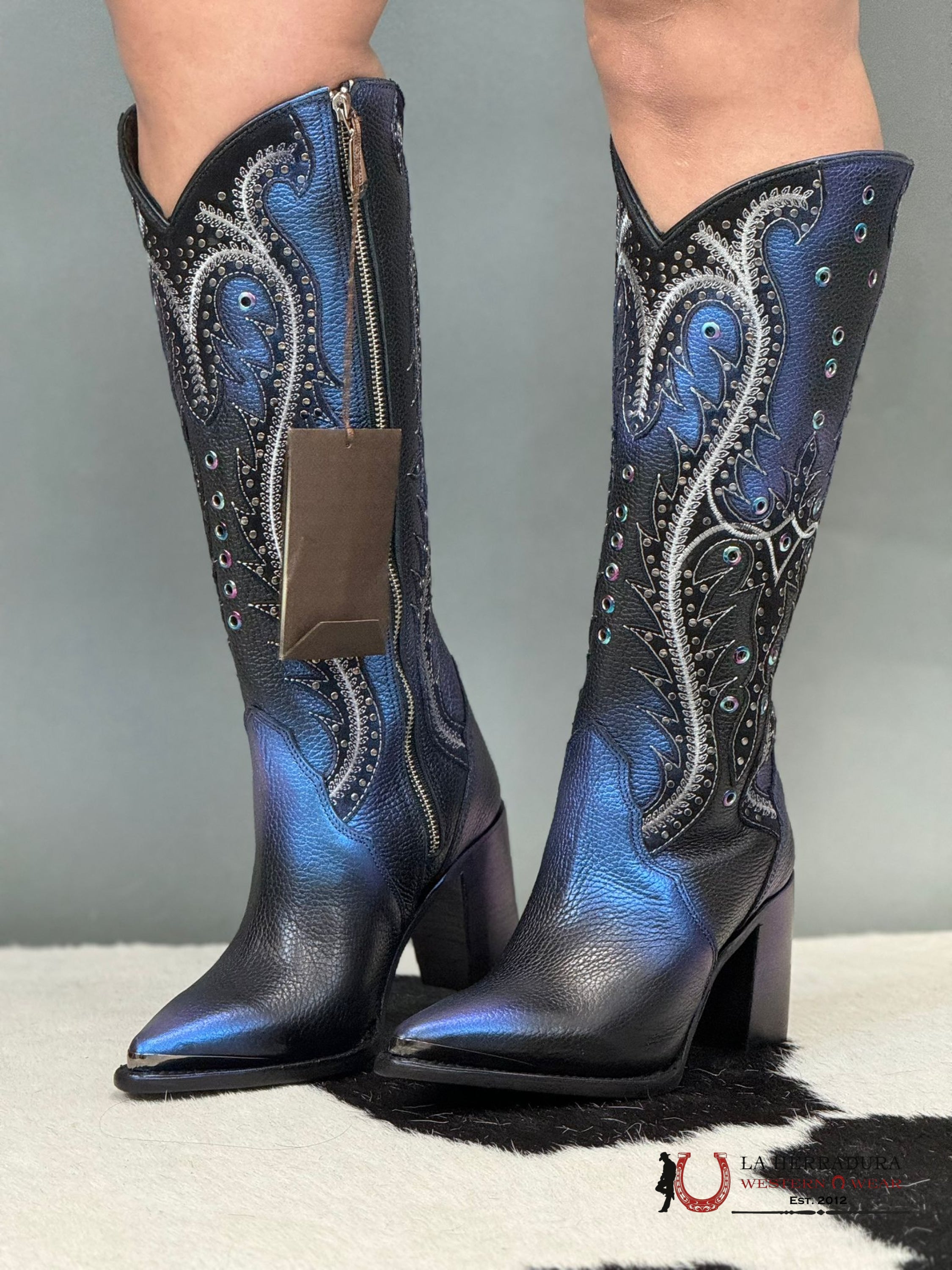 Womens Cuadra De Res Santana Sapphire Negro Pointed Toe Botas Mujeres