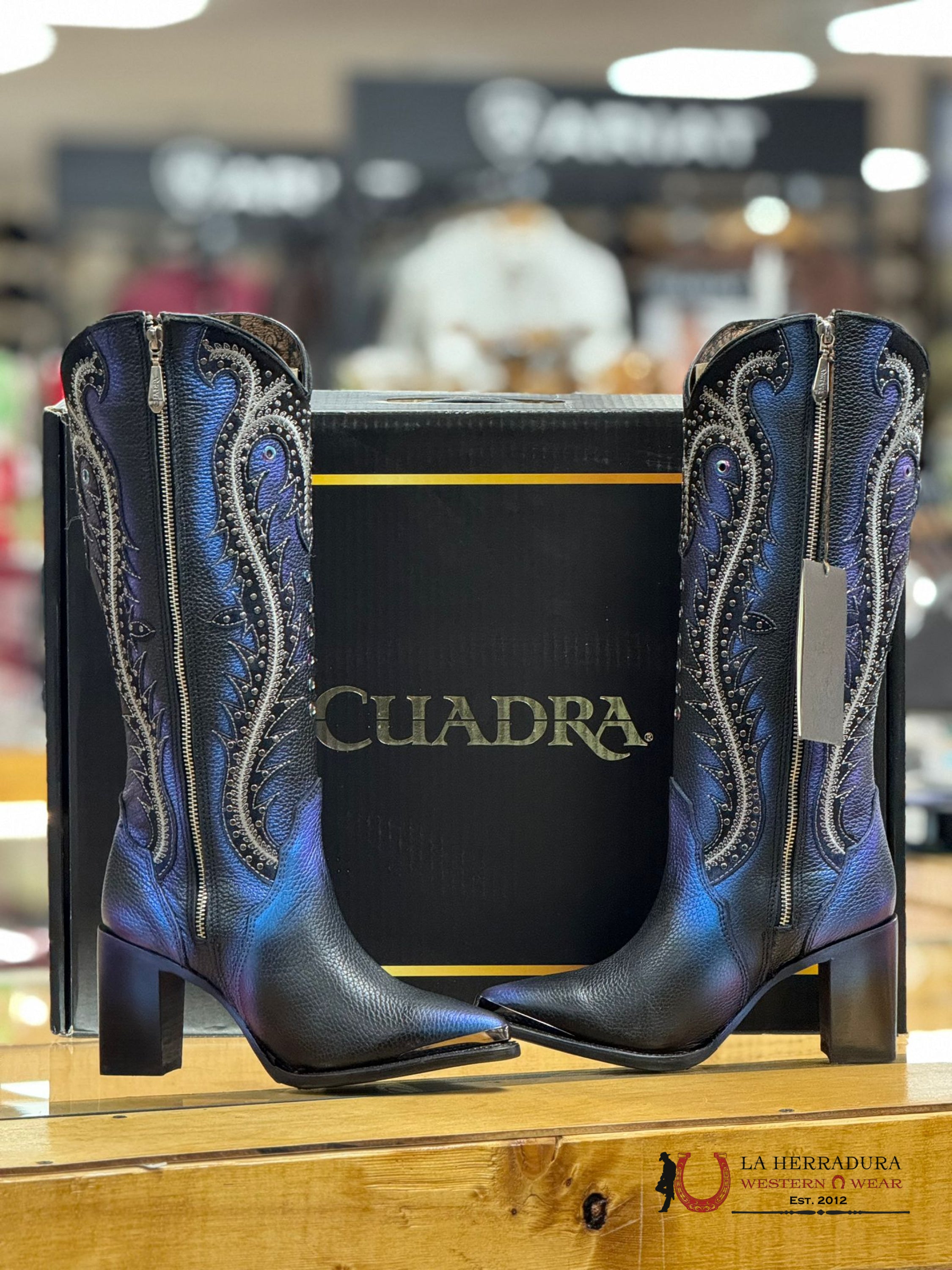 Womens Cuadra De Res Santana Sapphire Negro Pointed Toe Botas Mujeres