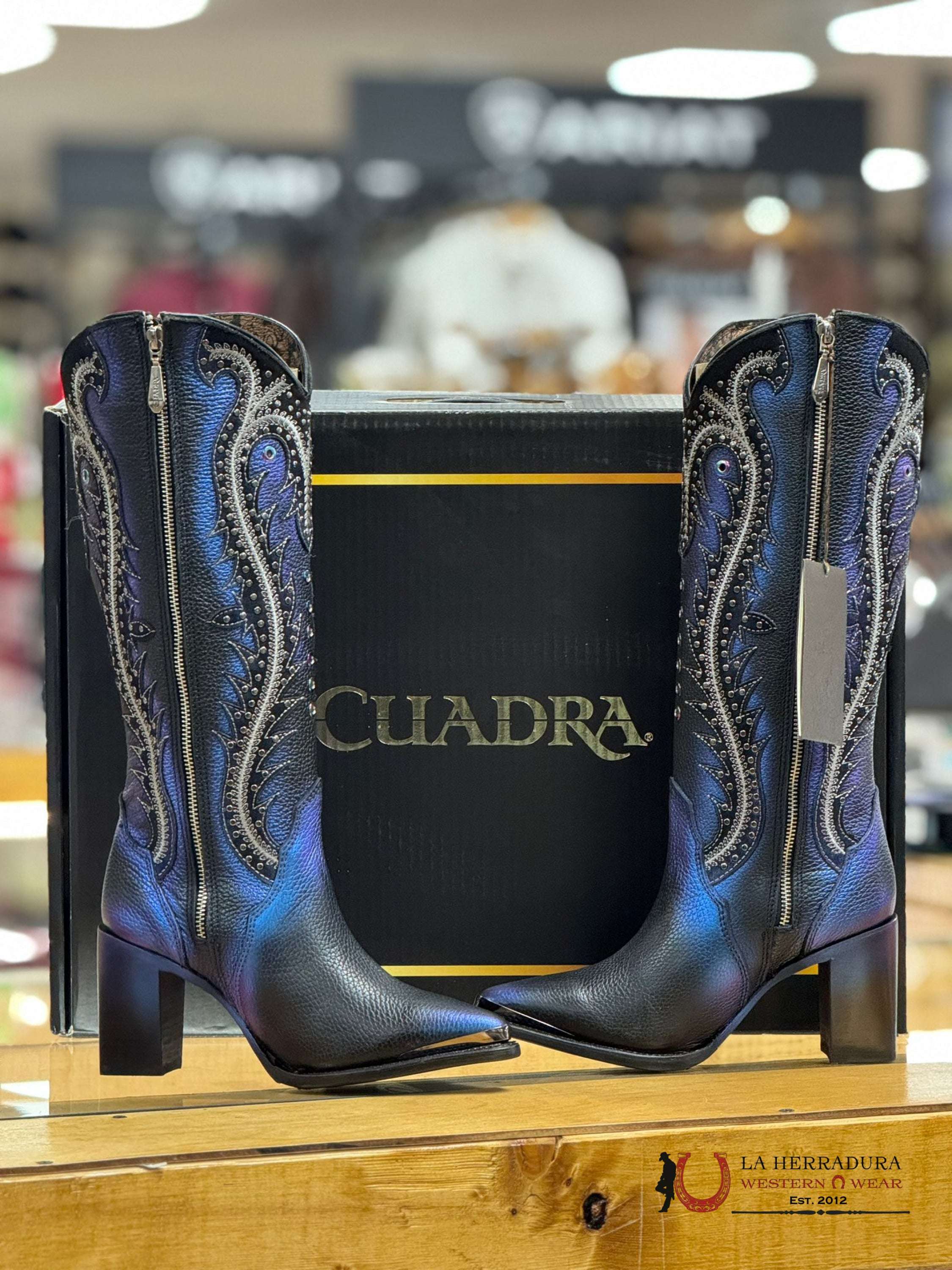 Womens Cuadra De Res Santana Sapphire Negro Pointed Toe Botas Mujeres