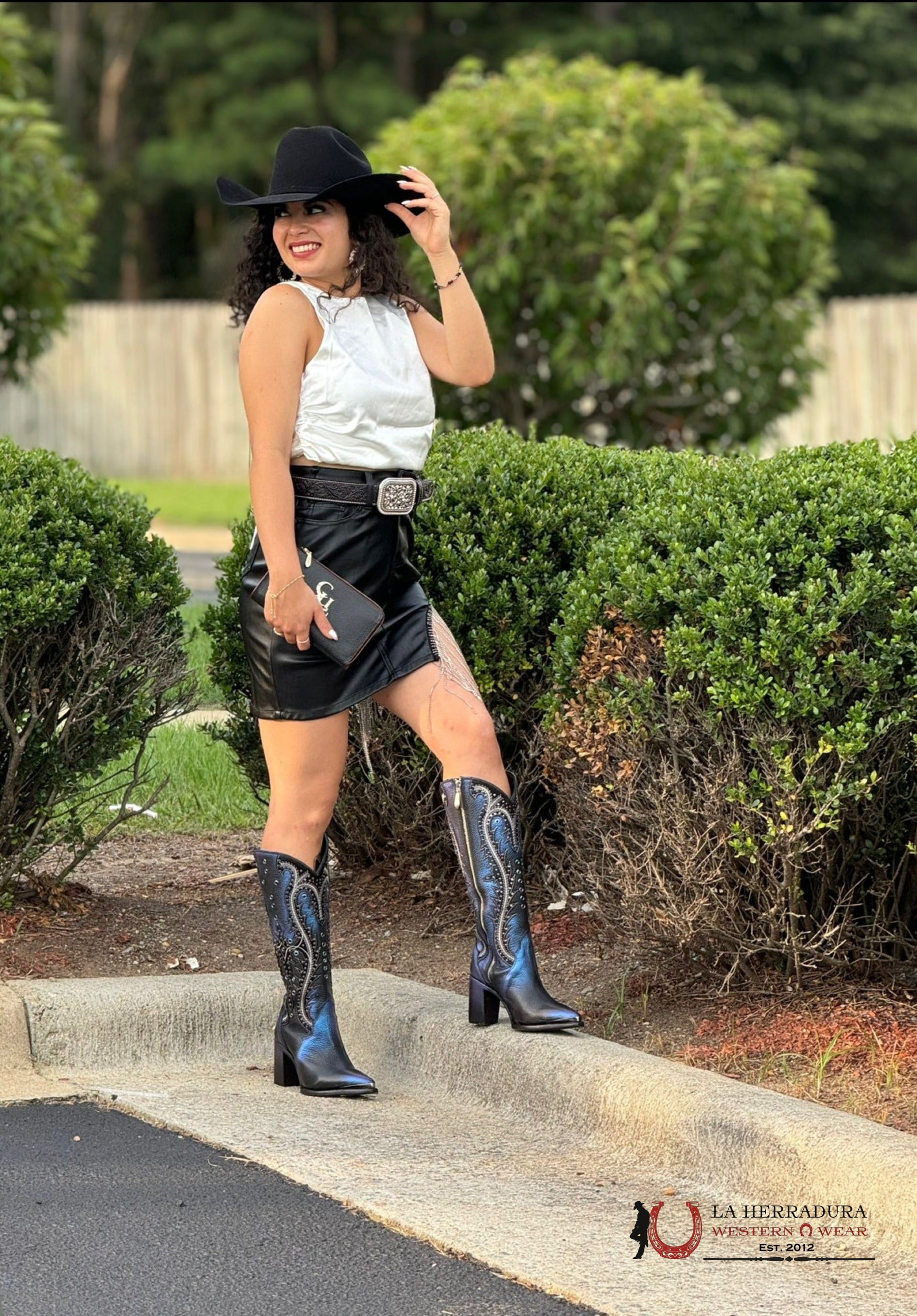 Womens Cuadra De Res Santana Sapphire Negro Pointed Toe Botas Mujeres