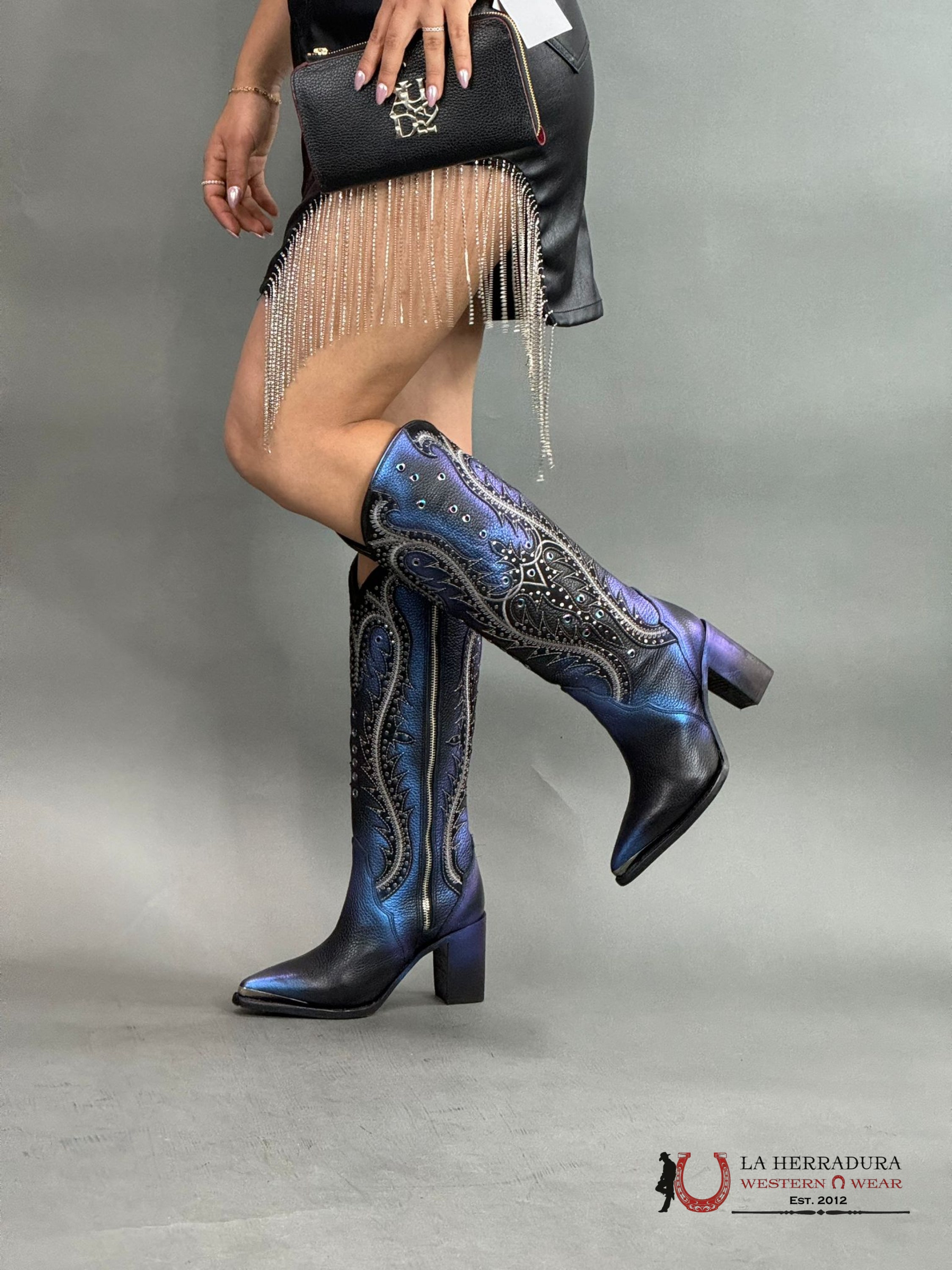 Womens Cuadra De Res Santana Sapphire Negro Pointed Toe Botas Mujeres