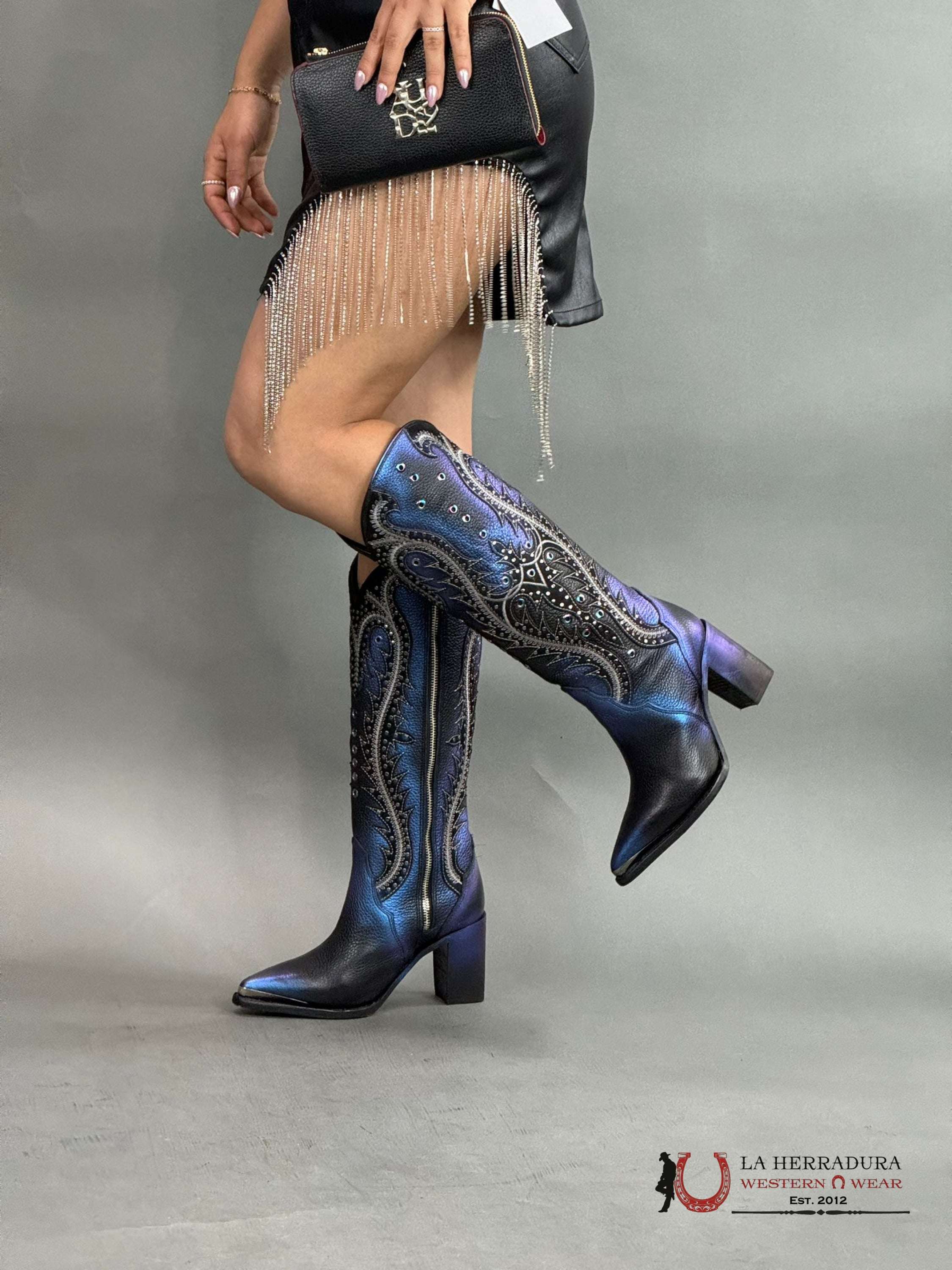 Womens Cuadra De Res Santana Sapphire Negro Pointed Toe Botas Mujeres