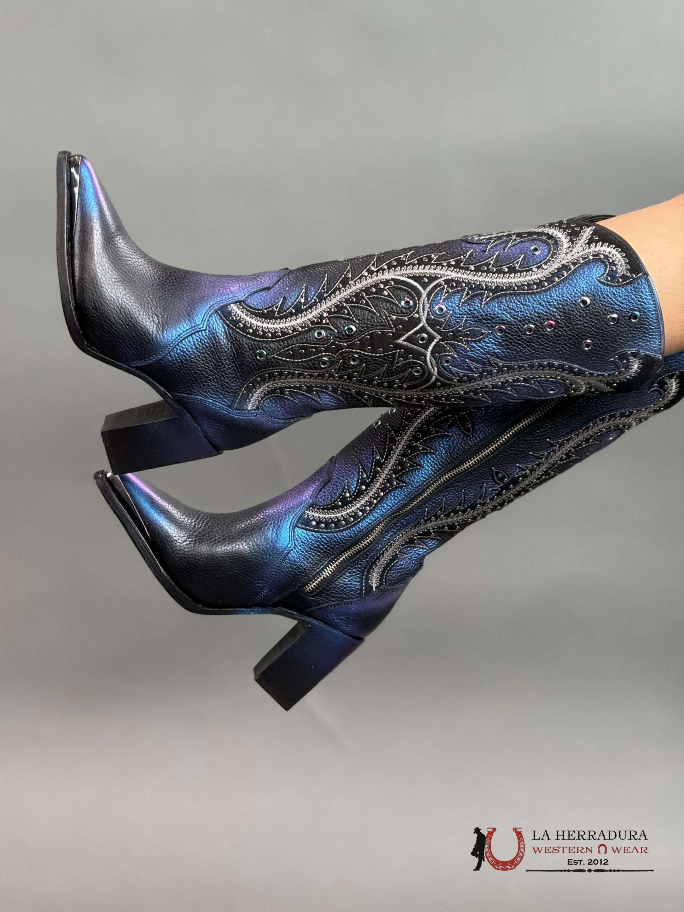 Womens Cuadra De Res Santana Sapphire Negro Pointed Toe Botas Mujeres