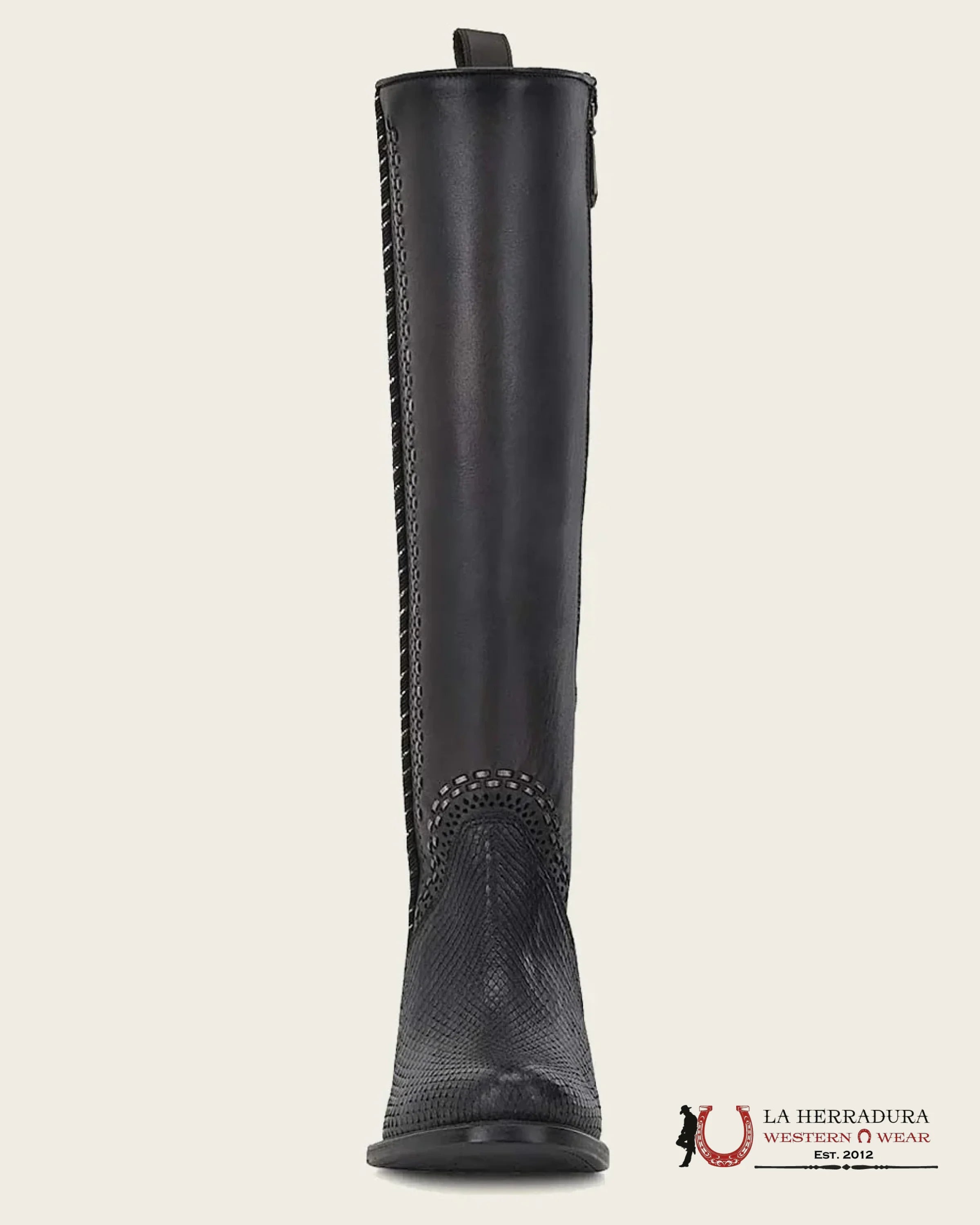 WOMENS CUADRA PYTHON PLUNGE BLACK ZIPPER & WOVEN TALL BOOT ROUND TOE BOTAS MUJERES