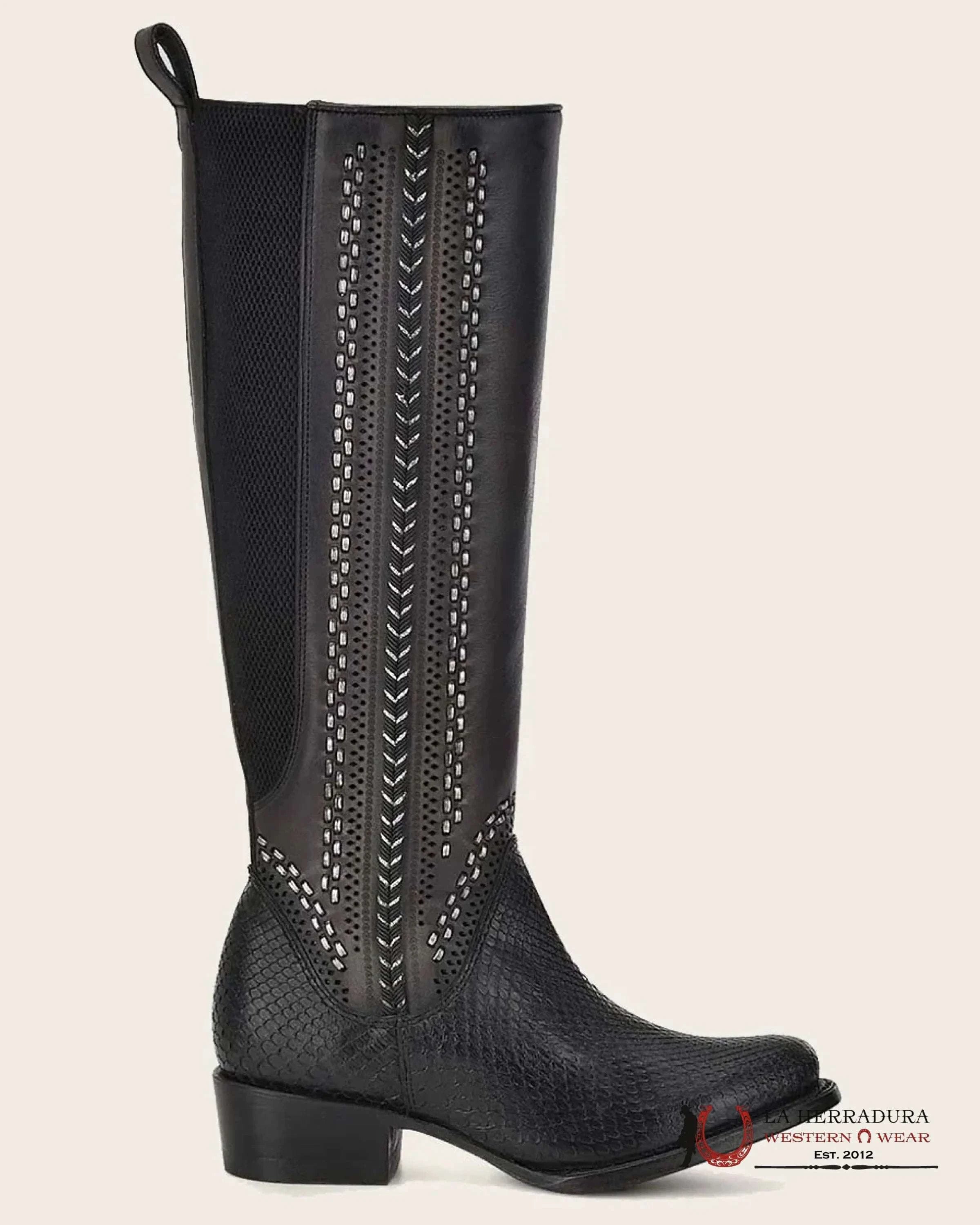 WOMENS CUADRA PYTHON PLUNGE BLACK ZIPPER & WOVEN TALL BOOT ROUND TOE BOTAS MUJERES