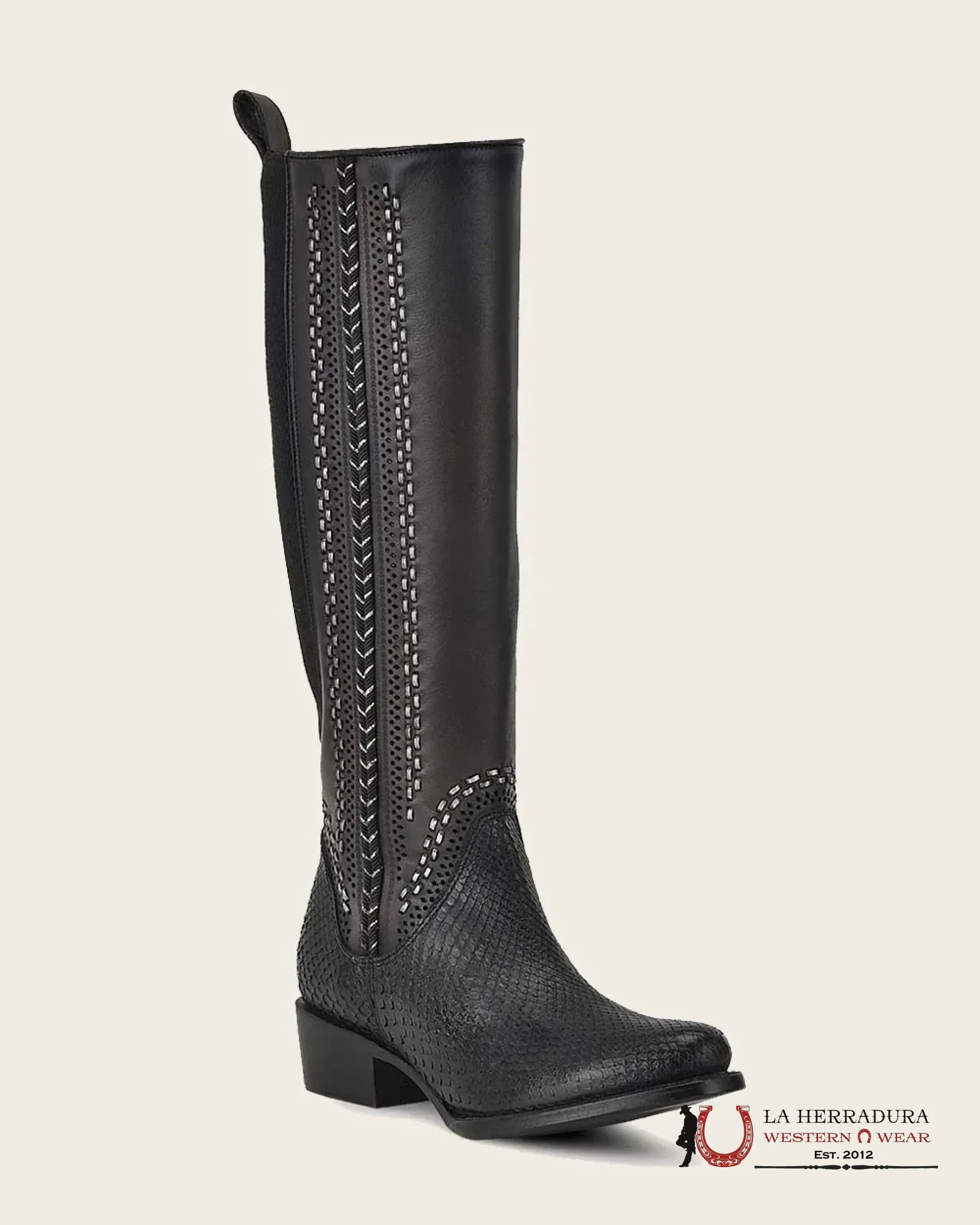 WOMENS CUADRA PYTHON PLUNGE BLACK ZIPPER & WOVEN TALL BOOT ROUND TOE BOTAS MUJERES