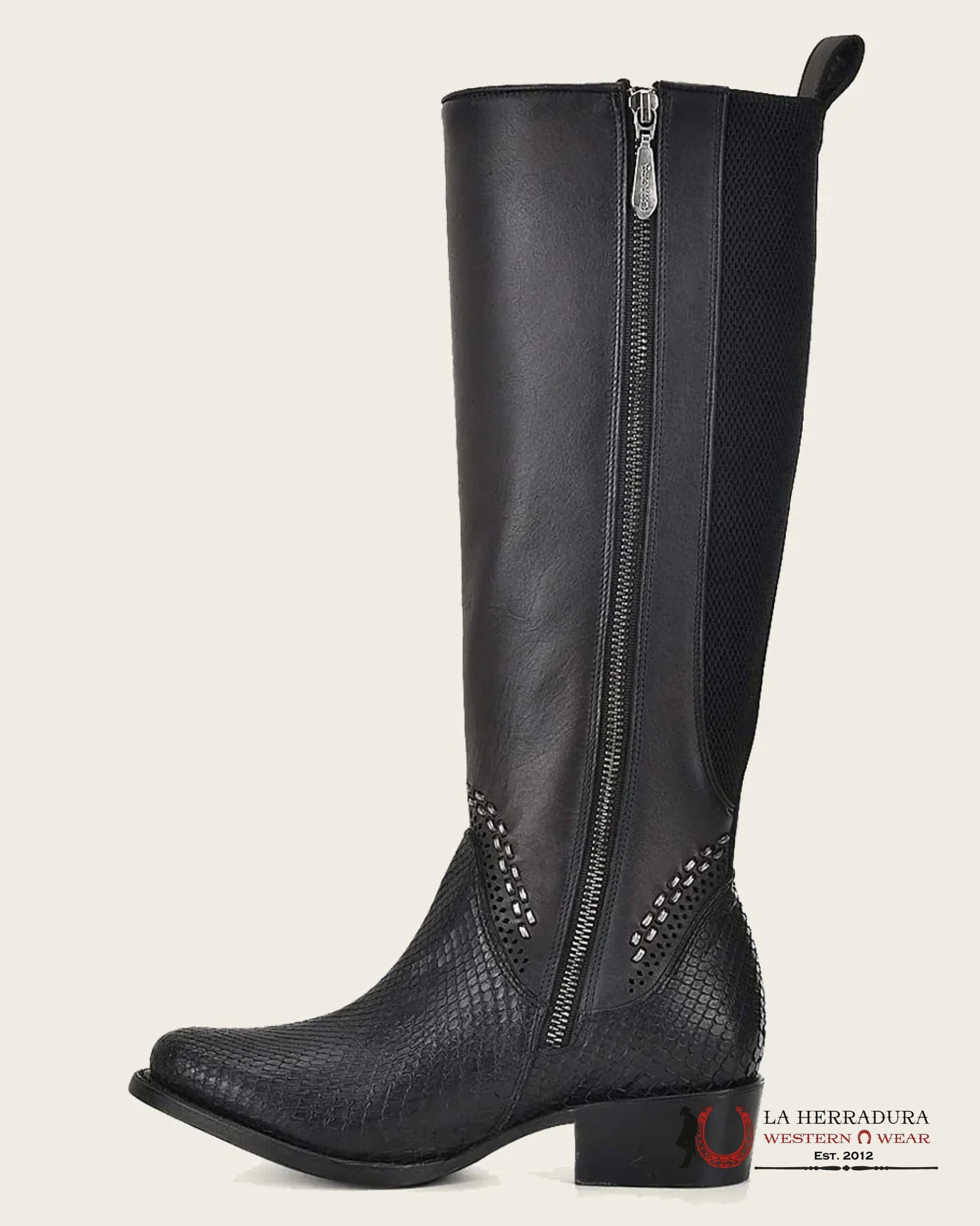 WOMENS CUADRA PYTHON PLUNGE BLACK ZIPPER & WOVEN TALL BOOT ROUND TOE BOTAS MUJERES