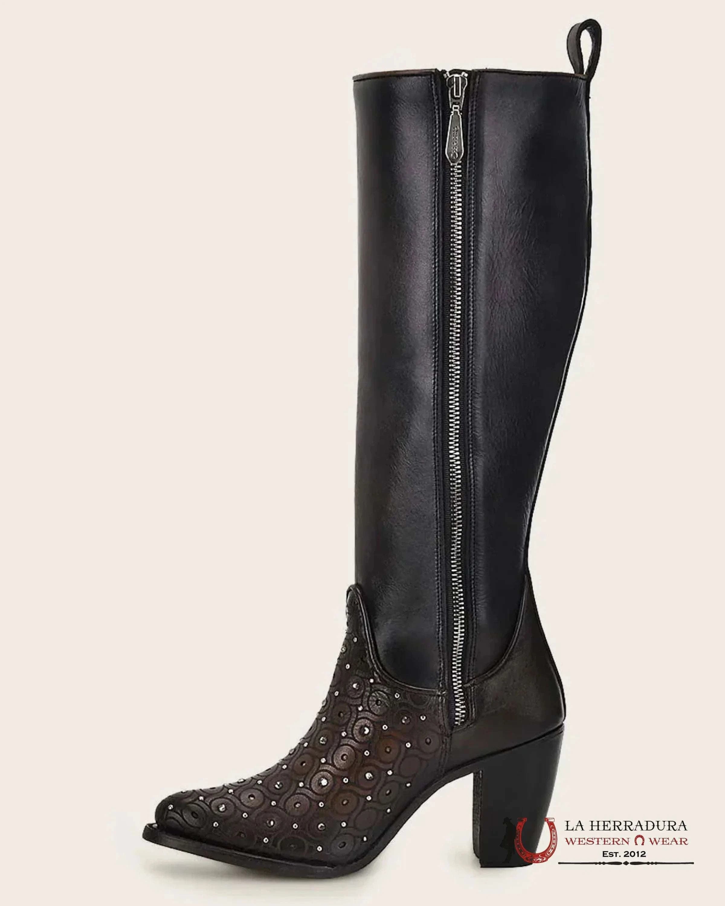 WOMENS CUADRA RES CRUST MAPLE ZIPPER & STUDS & LASER ROUND TOE TALL BOOT CU759 BOTAS MUJERES