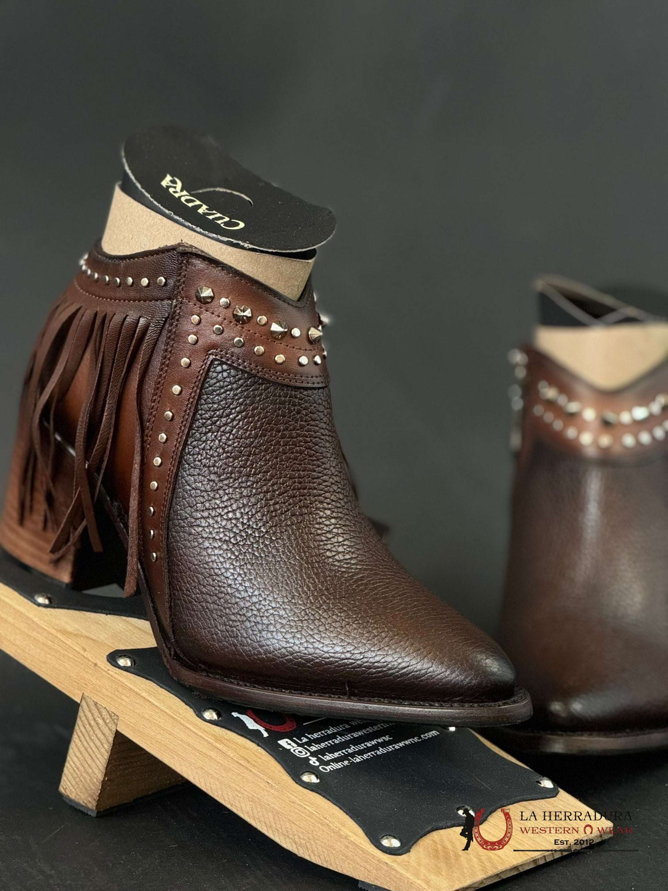 Women’s Cuadra Short Boot Res Chocolate Zipper Studs & Fringe Pointed Toe Botas Mujeres