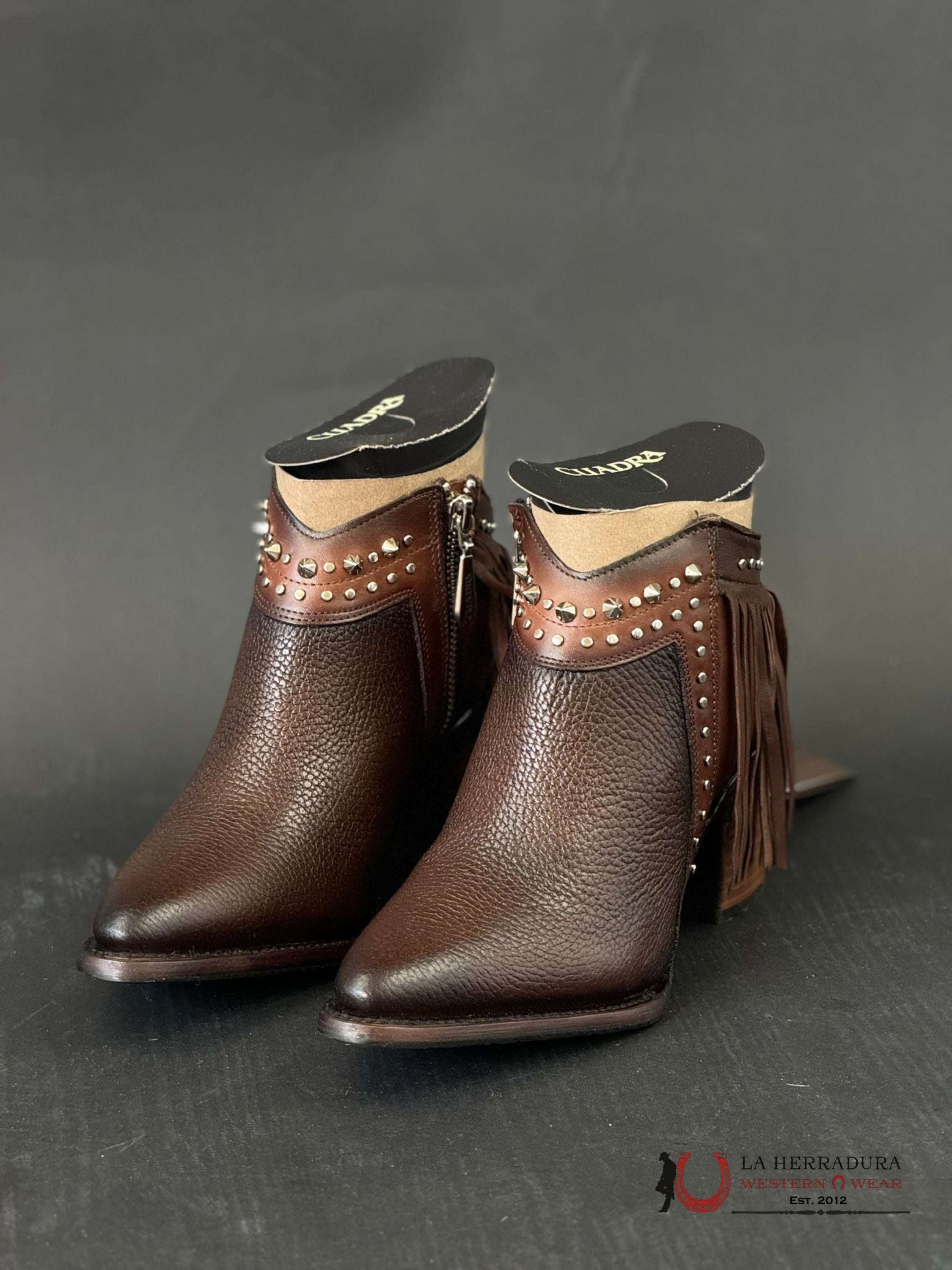Women’s Cuadra Short Boot Res Chocolate Zipper Studs & Fringe Pointed Toe Botas Mujeres