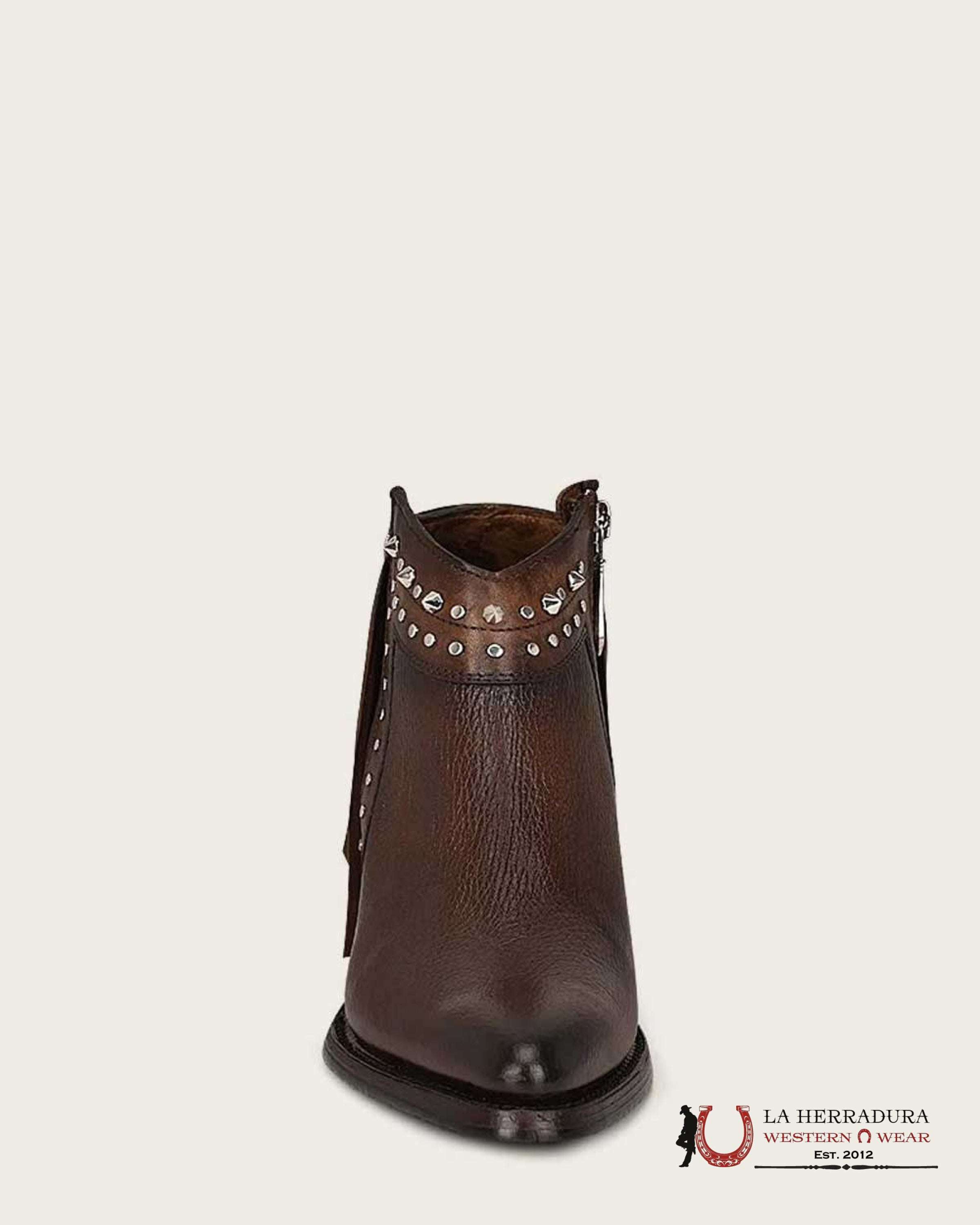 WOMEN’S CUADRA SHORT BOOT RES CHOCOLATE ZIPPER STUDS & FRINGE POINTED TOE BOTAS MUJERES