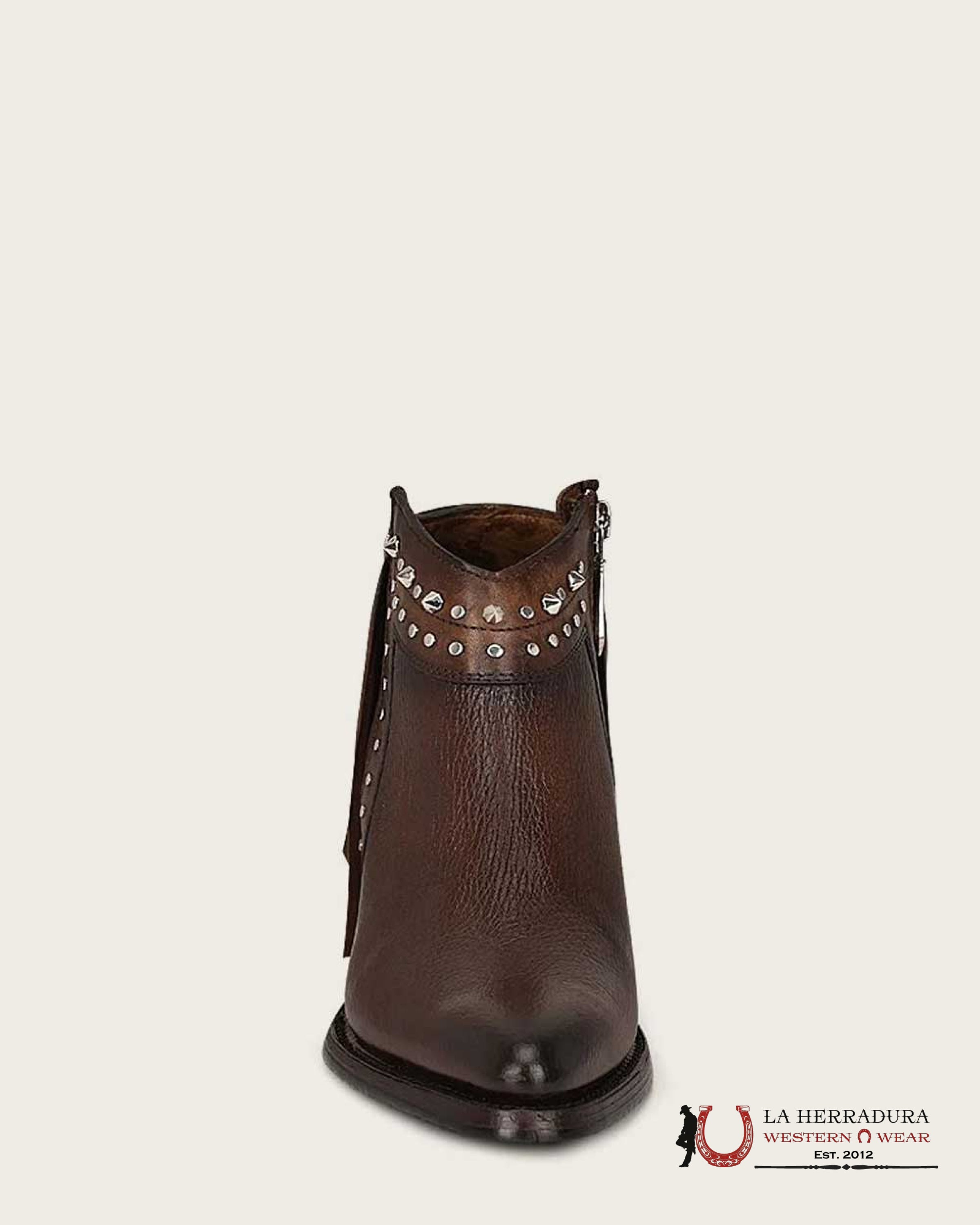 WOMEN’S CUADRA SHORT BOOT RES CHOCOLATE ZIPPER STUDS & FRINGE POINTED TOE BOTAS MUJERES