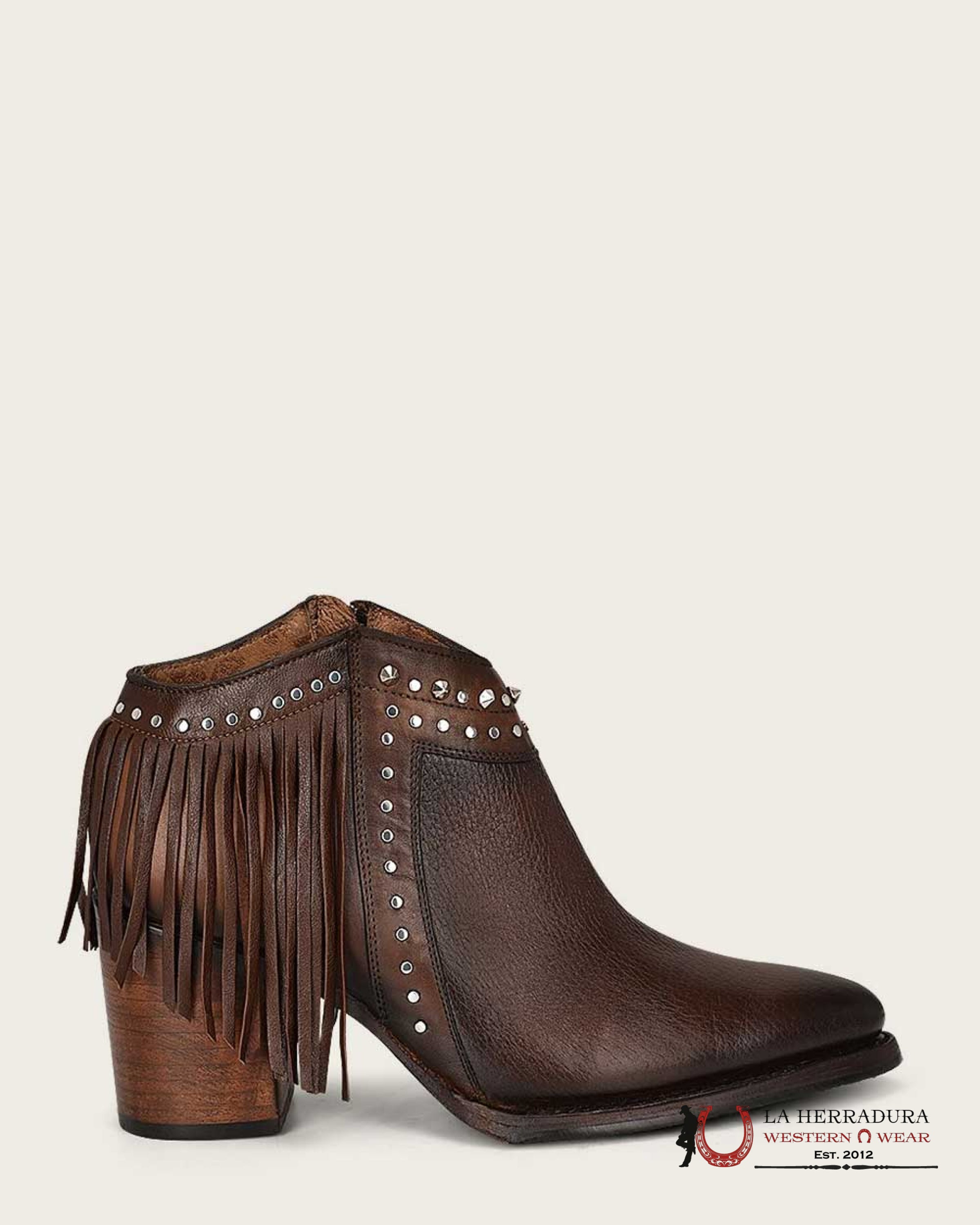 WOMEN’S CUADRA SHORT BOOT RES CHOCOLATE ZIPPER STUDS & FRINGE POINTED TOE BOTAS MUJERES