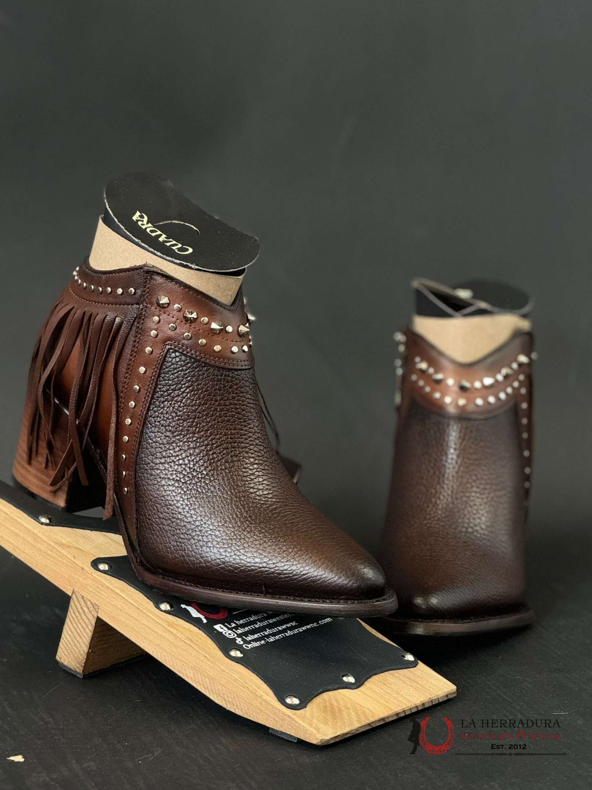 Women’s Cuadra Short Boot Res Chocolate Zipper Studs & Fringe Pointed Toe Botas Mujeres